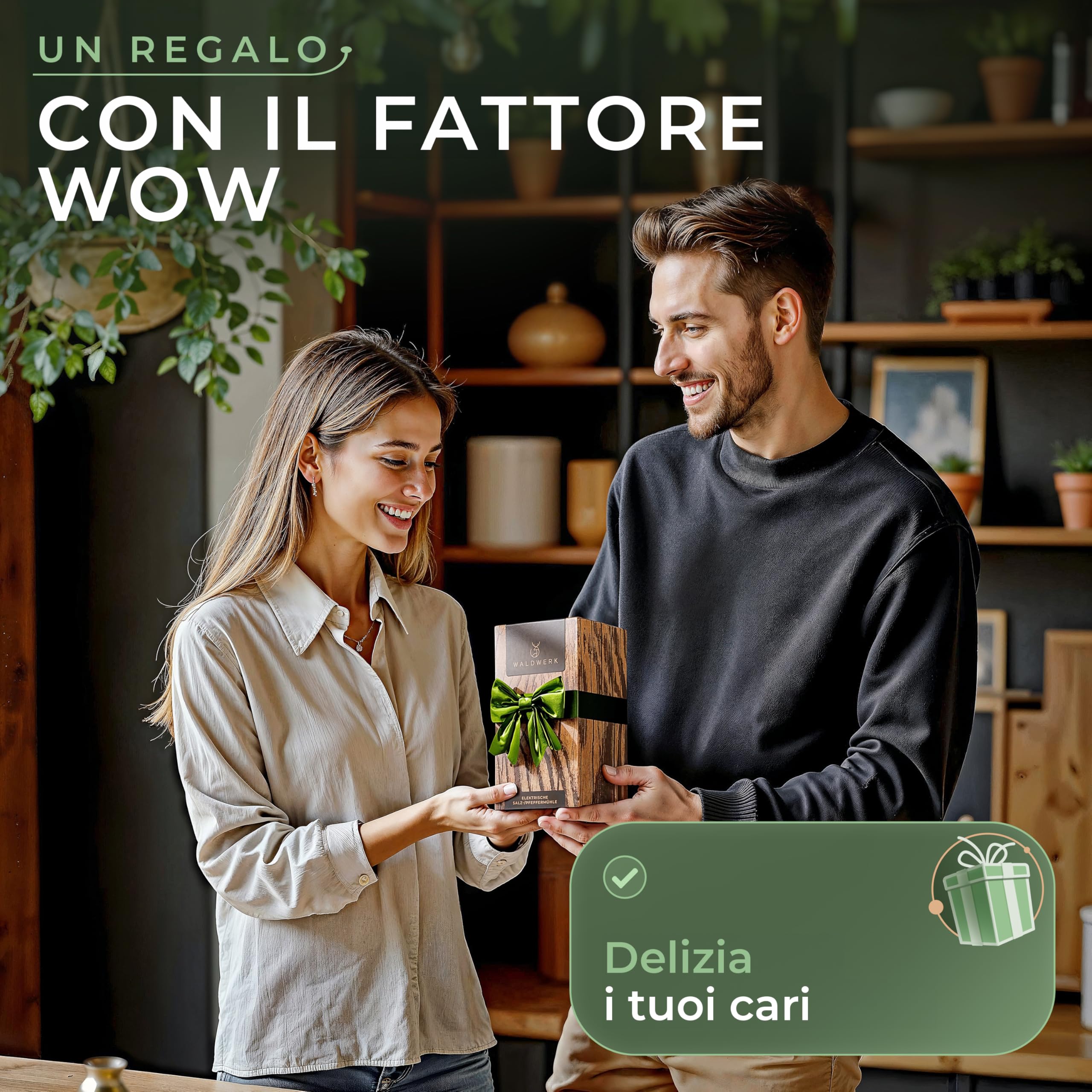 WALDWERK Macina Sale e Pepe elettrico (Batteria 300 mAh) – Macina Pepe e Macina Sale con elegante supporto in legno di acacia – Saliera da Tavola ricaricabili