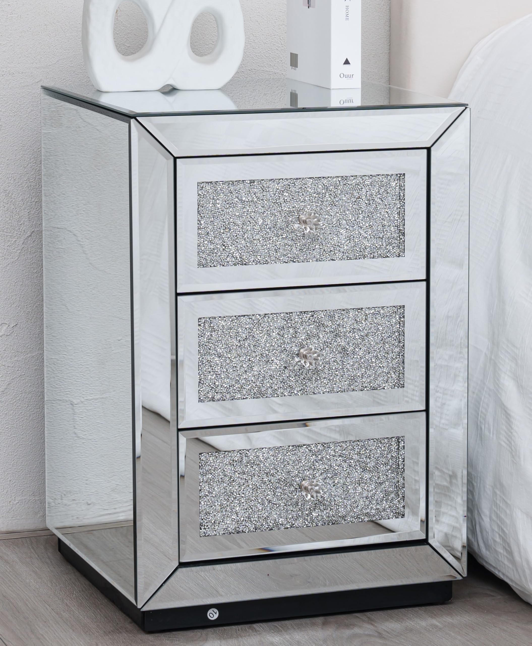 Comfy Living Mirrored Bedside Table with 3 Drawers, Diamond Crystal Detail, High Gloss Finish, Modern Bedroom Storage, 40x40x58cm