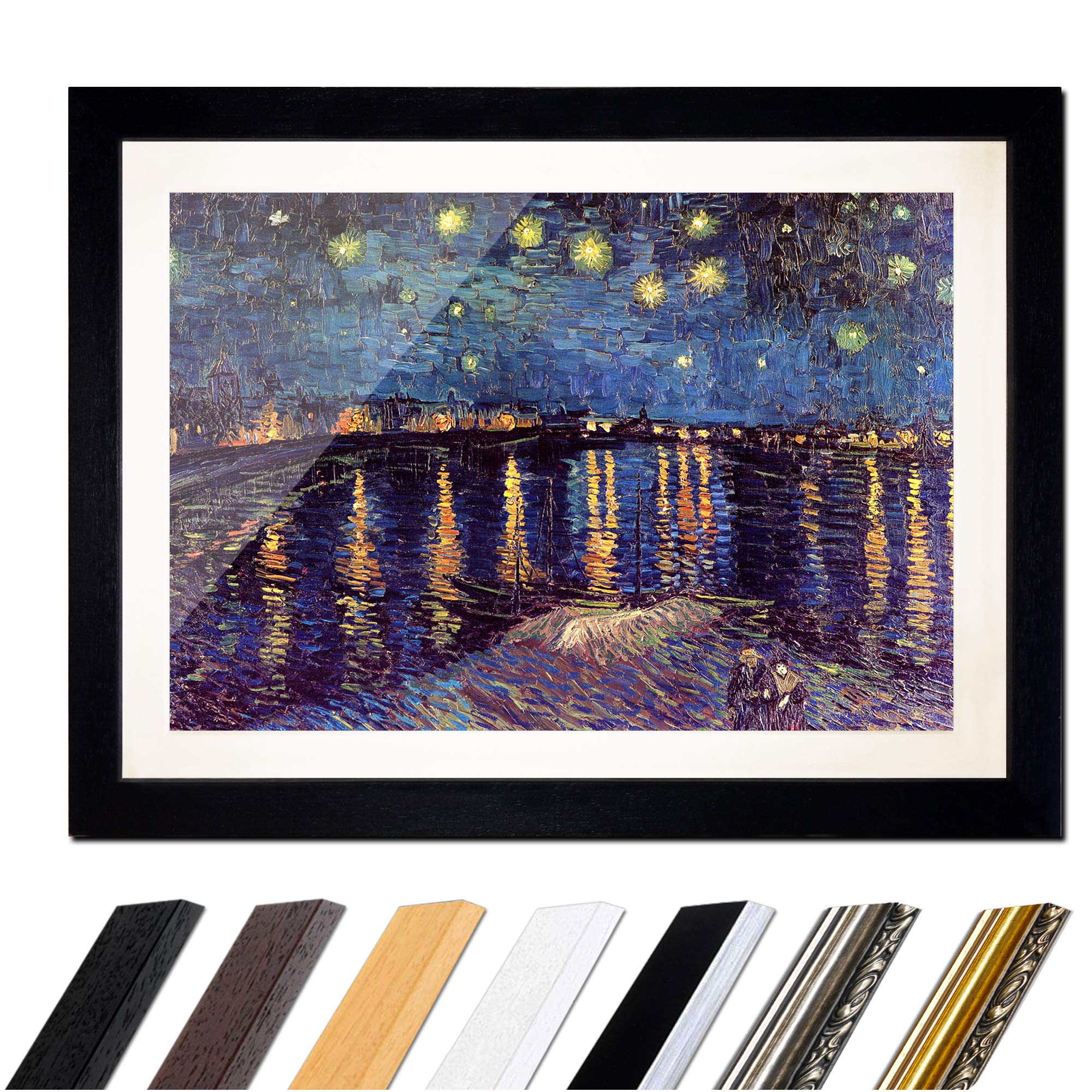 Bilderdepot24 Bild mit Rahmen - Vincent van Gogh Sternennacht über der Rhône 60x40 cm ca. A2 - Gerahmter Kunstdruck inkl. Galerie Passepartout Alte Meister - Rahmen schwarz
