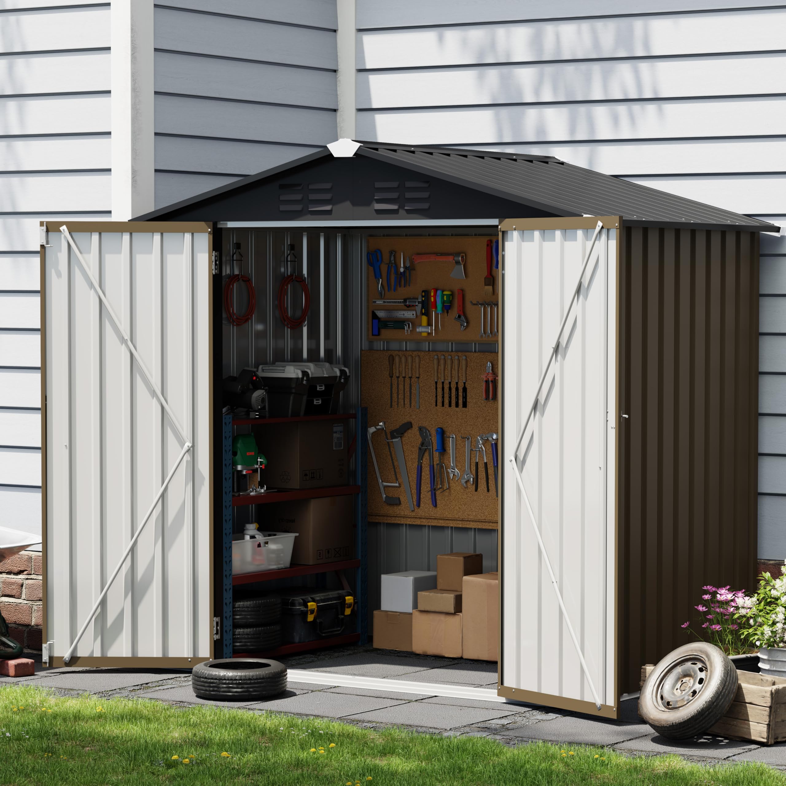 UDPATIO Metal Shed 8x4 FT, Outdoor Garden Storage, Waterproof Metal Shed for Firewood, Garbage Can, Tool, Lawnmower, Bike Shed, Galvanized Steel with Lockable Door for Backyard, Patio, Dark Grey — view 18