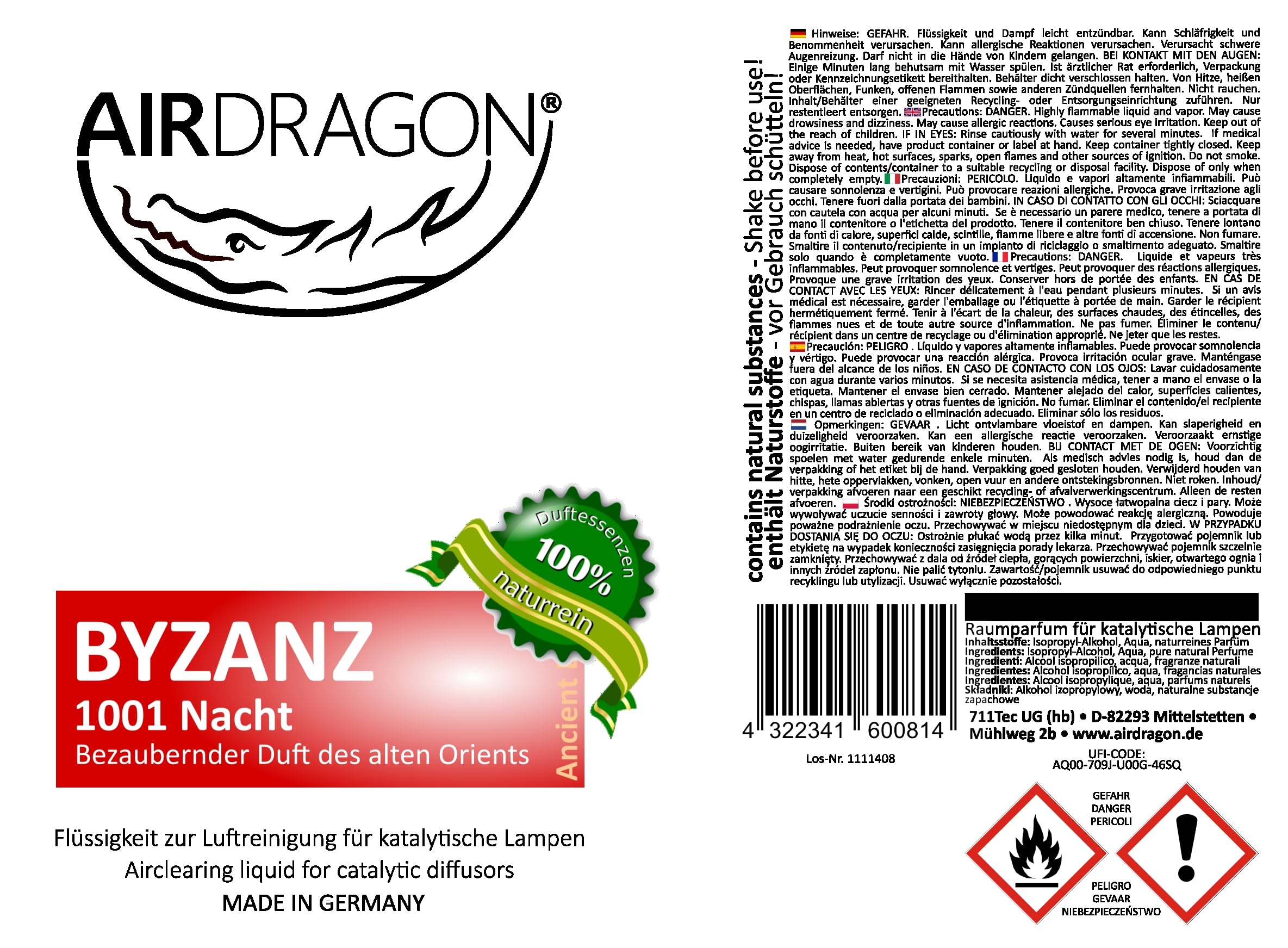 AIRDRAGON® BYZANZ • Do każdej lampy katalitycznej • Bez sztucznych substancji zapachowych • 1000 ml Premium naturalny zapach do pomieszczeń