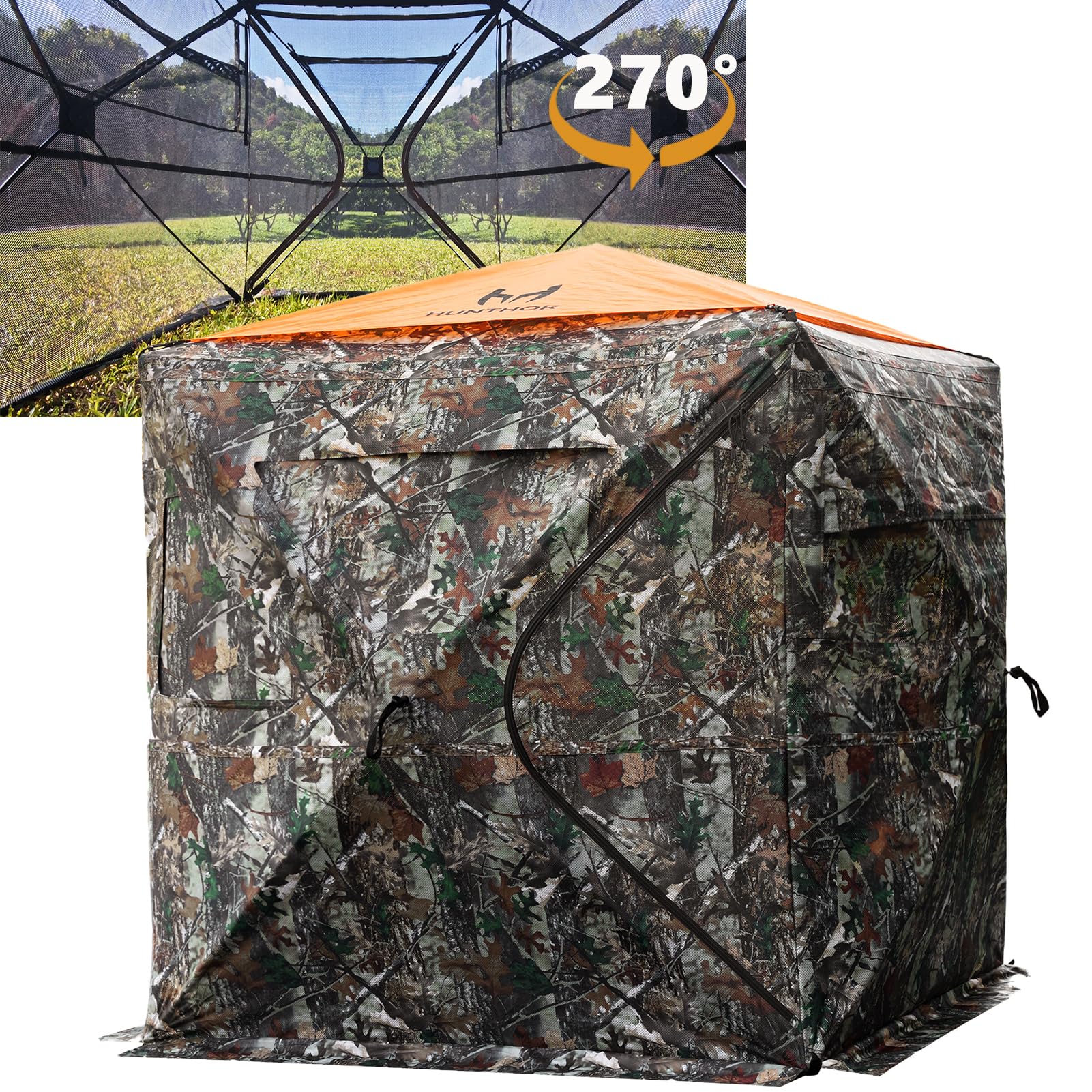 Hunting Blind, See Through Hunting Ground Blind Deer Blind with Silent Zipper and Orange Top, Portable 2-3 Person Pop Up Hunting Tent for Deer and Turkey Hunting with Carry Bag
