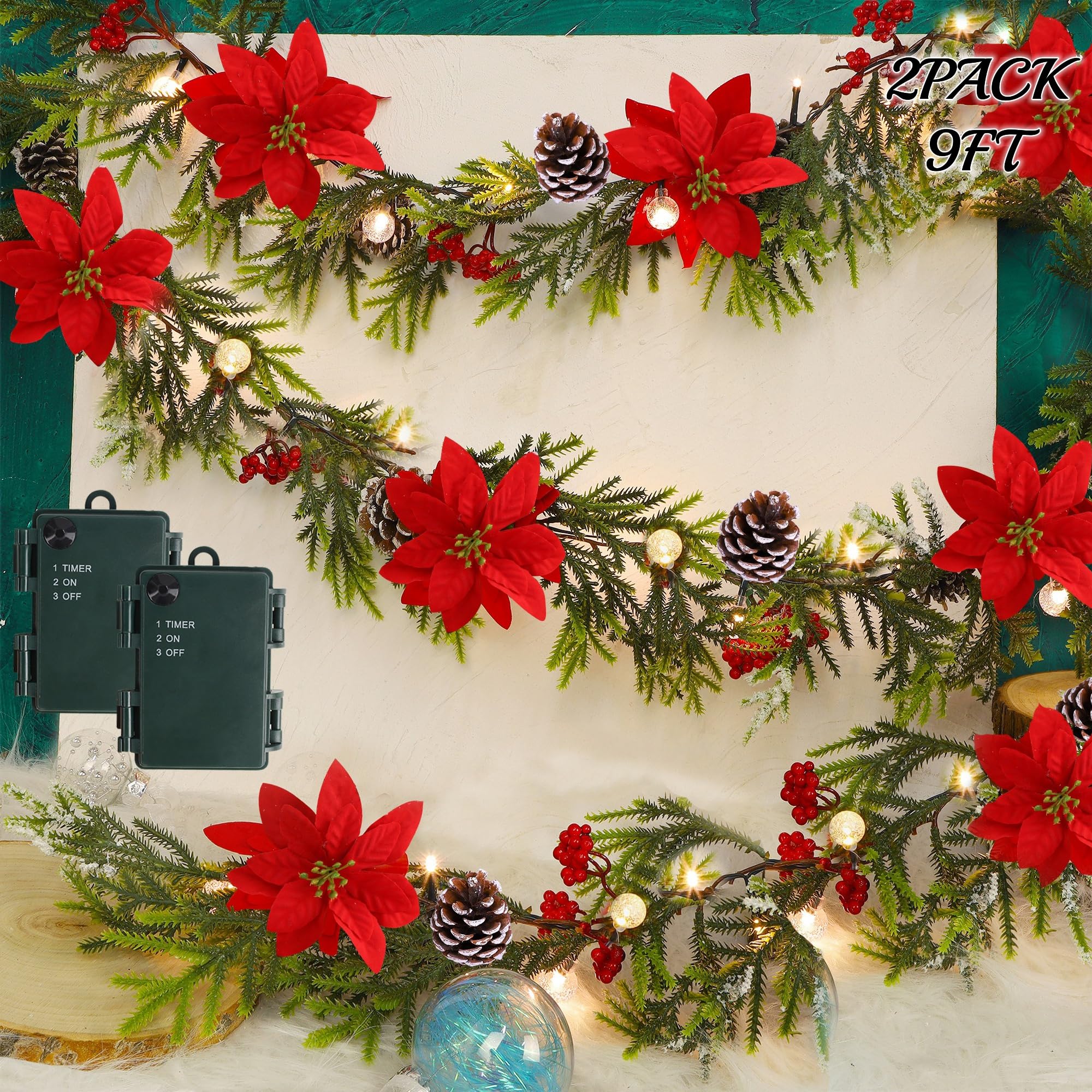 Juegoal YO-TTSZ-2 Weihnachtsgirlande, 2,7 m, beleuchtete künstliche Weihnachtsgirlanden, beleuchteter Weihnachtsstern, Fichten-Timer, batteriebetrieben, mit Lichtern, Garten, Zuhause, Winter, Neujahr,