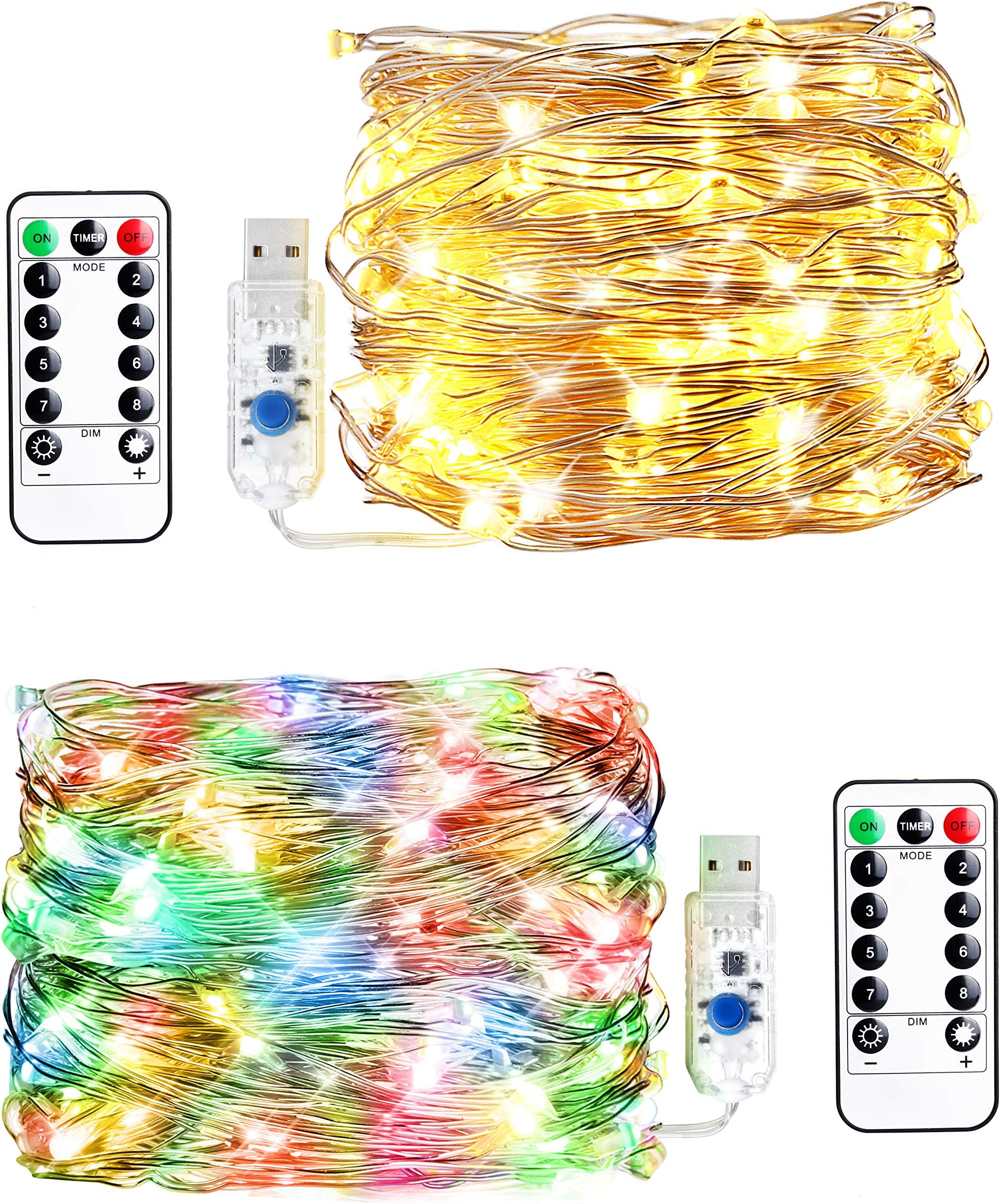 innotree 2 Pack Fairy Lights USB Plug in, Warm White & Multi Color Changing, 33ft 100 LEDs Firefly Twinkle String Lights with Remote for Bedroom Indoor Outdoor Party Wedding Decoration, Copper Wire