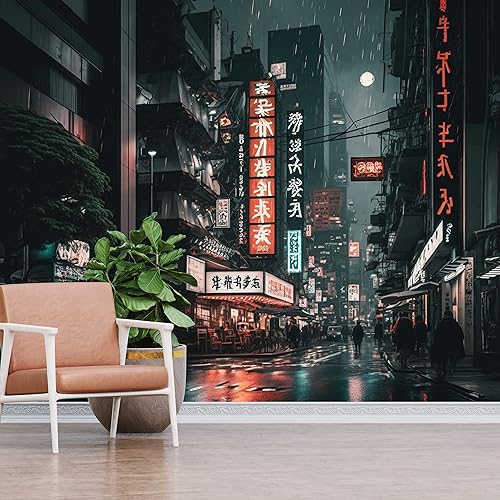 Miniatura 5 de DEKOROS.COM Papel tapiz de pared con vista nocturna lluviosa de la ciudad de Tokio de Japón, papel tapiz extraíble, papel adhesivo decorativo o