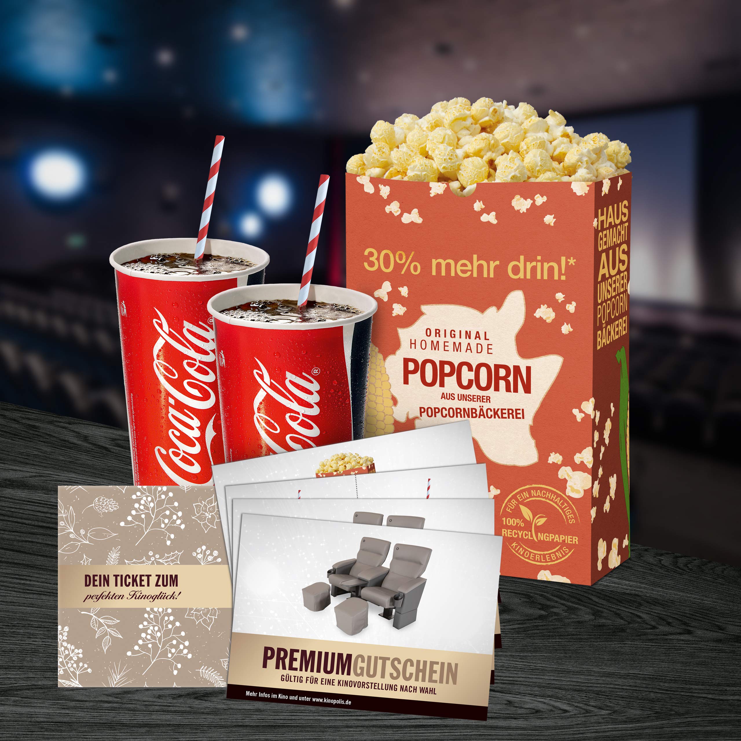 Premium Gutscheinsets: Verwöhnkino zum Verschenken mit Zwei Kinogutscheinen sowie Gutscheinen für Snacks und Softdrinks