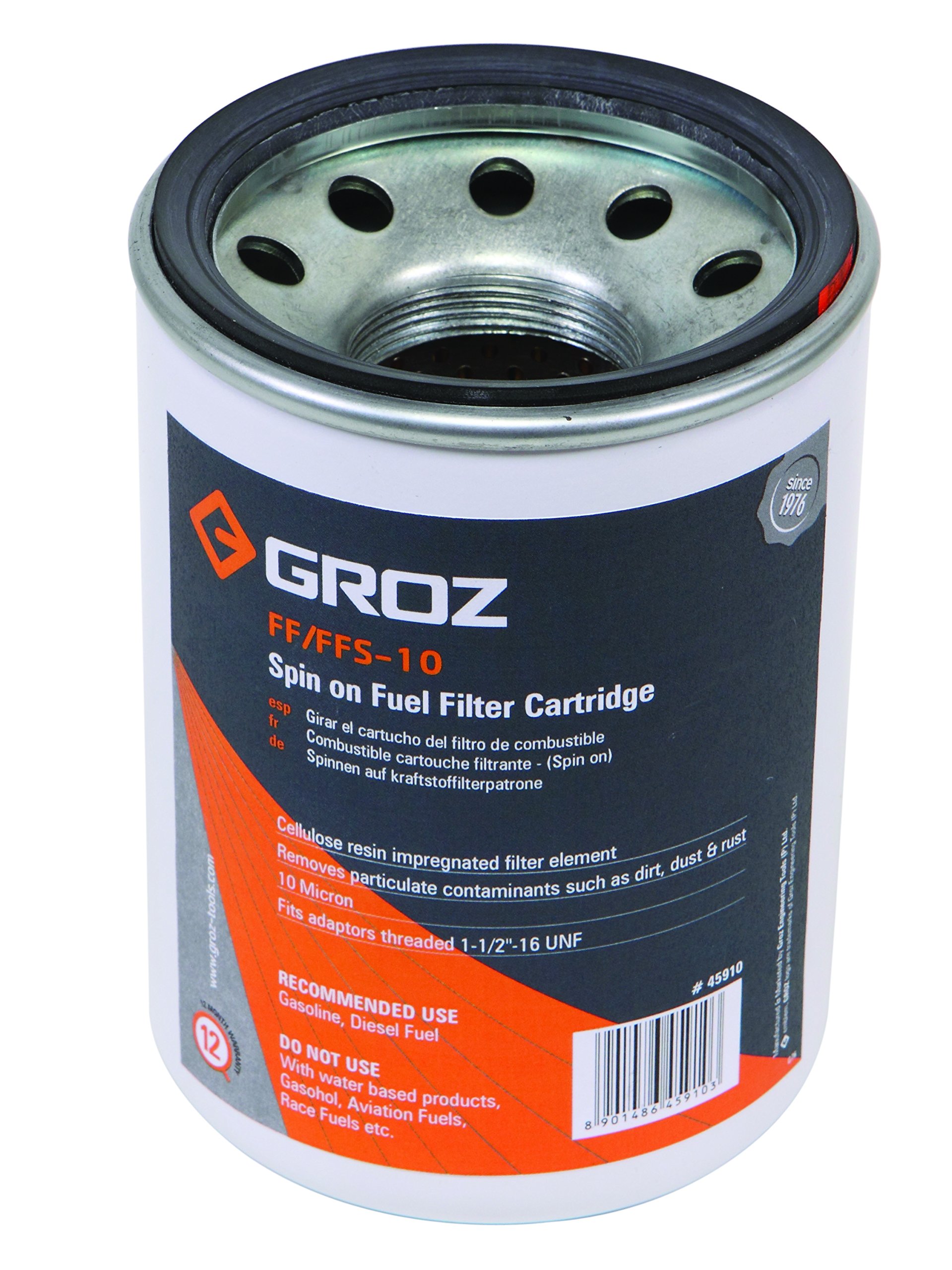 Groz Replacement Filter – 10 Micron Water Resistant Filter Spin On Cartridge Style | For Mobile & Stationary Fuel Tanks | Flow Rate 25 GPM | 50 PSI Max Working Pressure (45911)