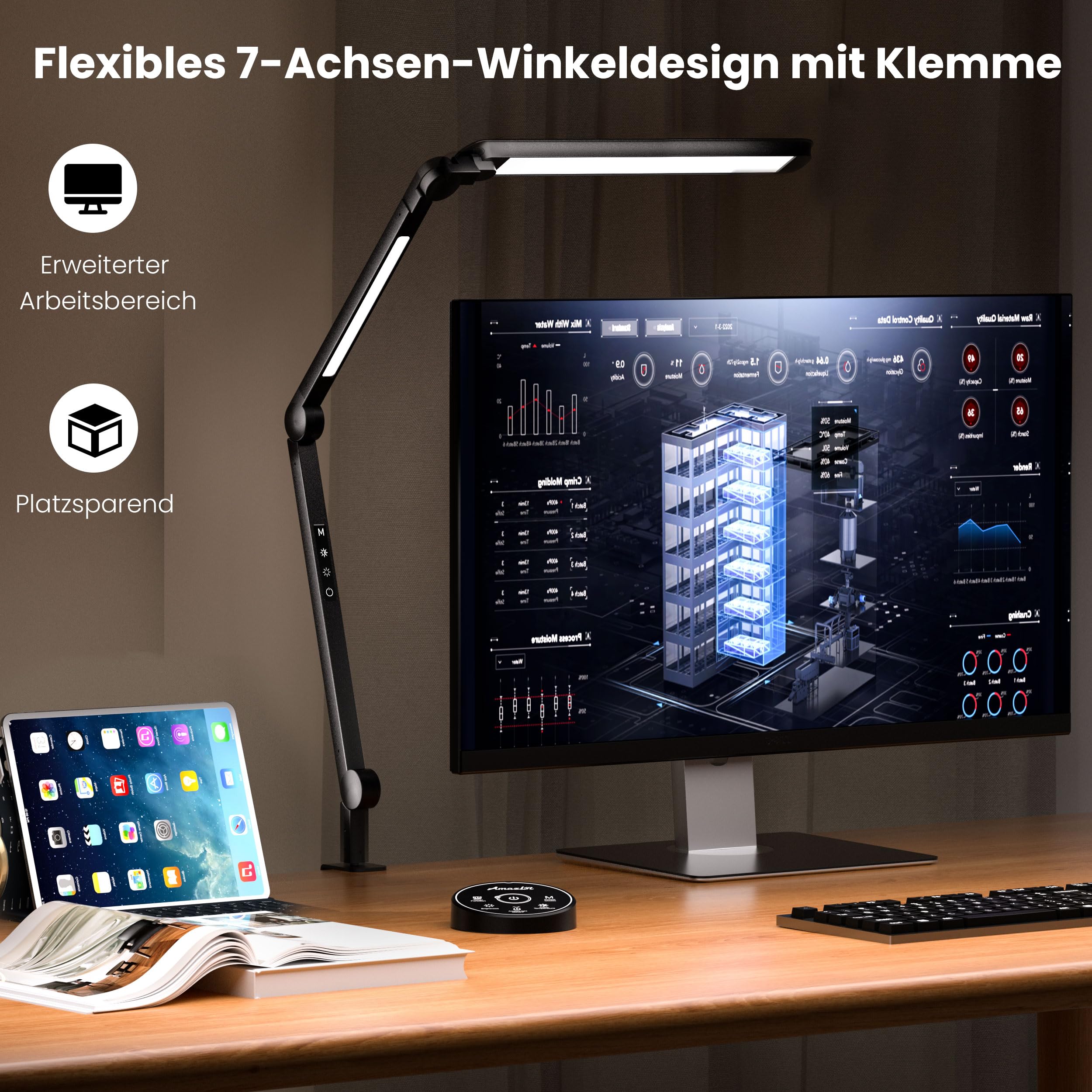 AmazLit Lampada da scrivania, lampada da scrivania a LED, dimmerabile, doppia sorgente luminosa, braccio girevole, temperatura di colore regolabile, 16 W, lampada da tavolo per l'ufficio, telecomando