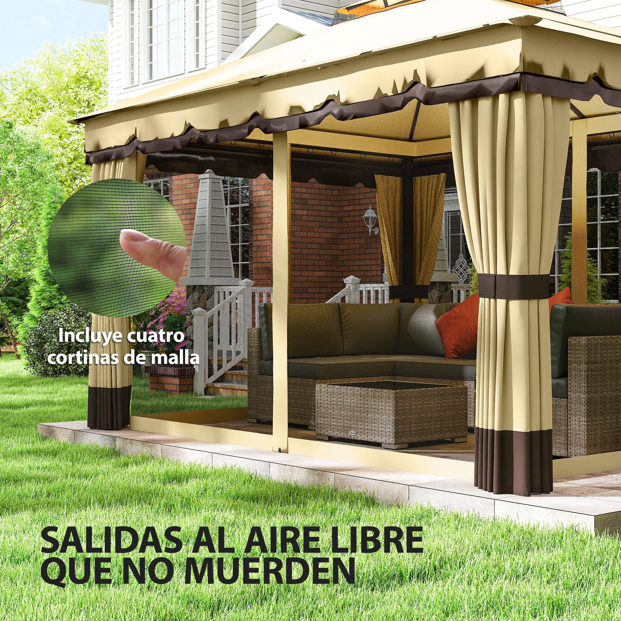 Outsunny Cenador de Jardín 3,7x3 m, Pabellón de Jardín Gazebo con Doble Techo, 4 Cortinas y Mosquitera, Marco de Acero, Orificios de Drenaje, UV30+, para Exterior, Terraza, Patio, Beige