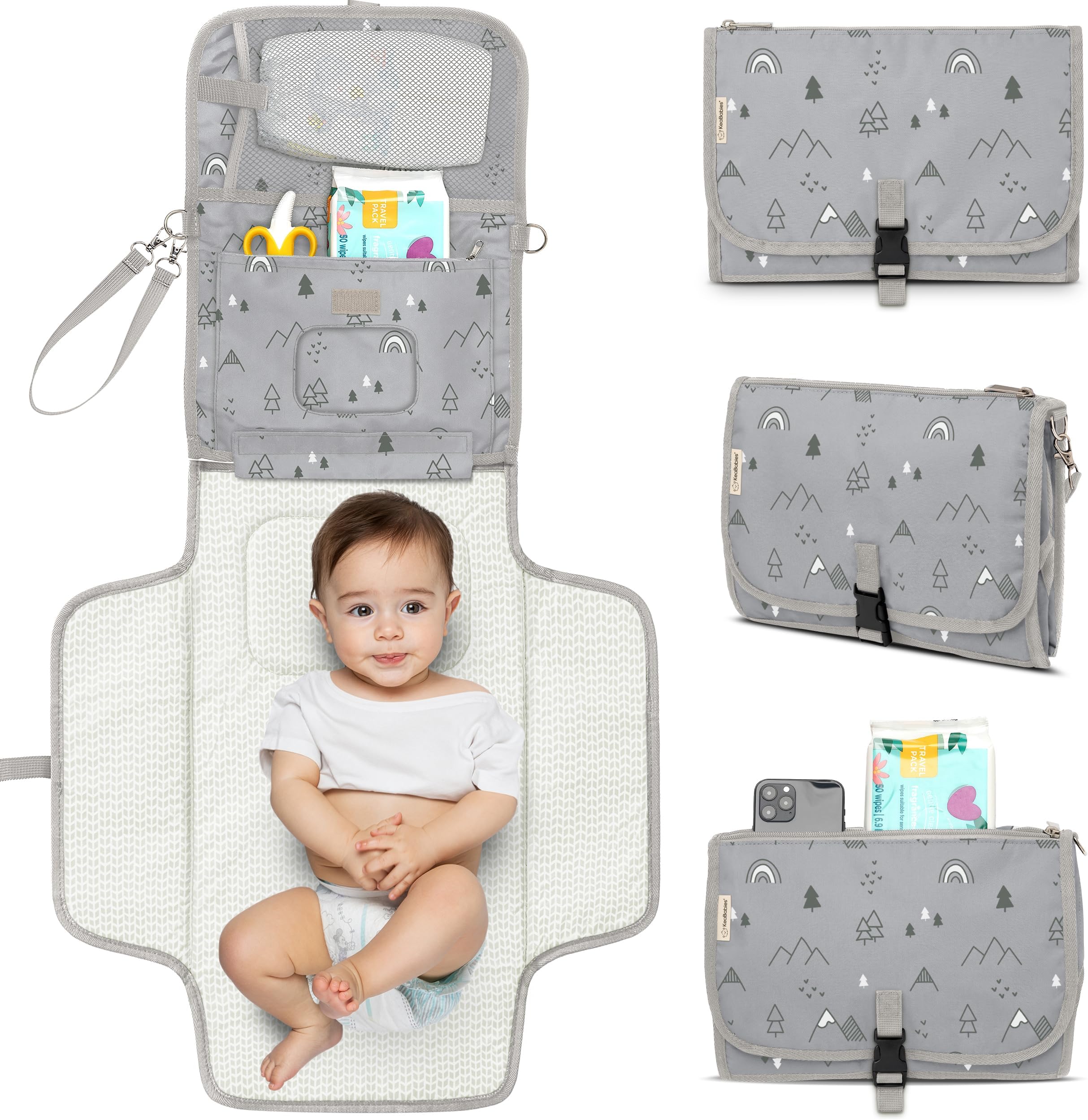 KeaBabies Portable Diaper Changing Pad, Travel, Car - Large Waterproof Baby Changing Mat, Wipeable, Padded, On The Go Travel Diaper Clutch Bag, Easy to Use Pockets for Newborn Essentials (Woodland)