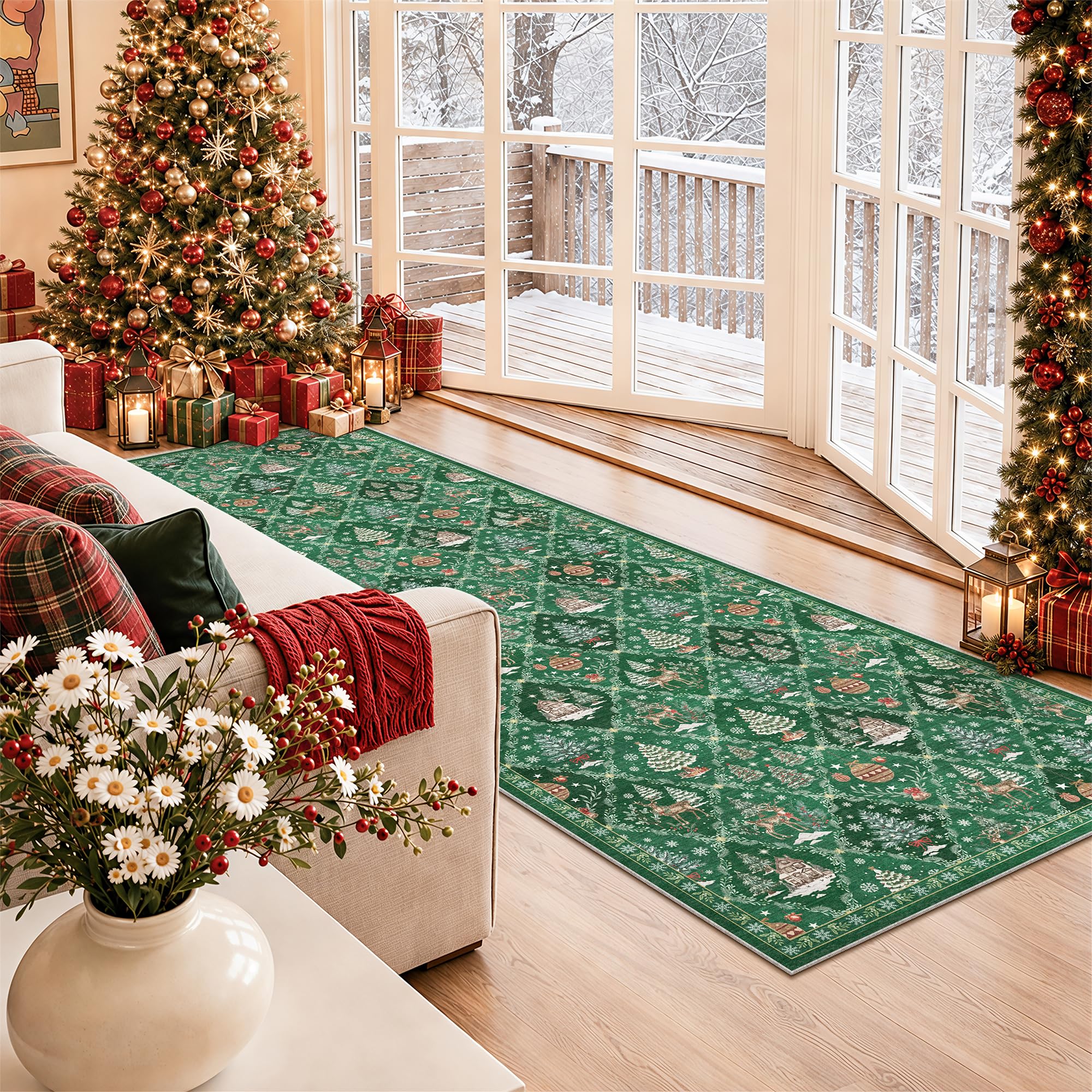 Christmas 3x8 Washable Kitchen Runner Rug, Green Non Slip Low Pile Rug