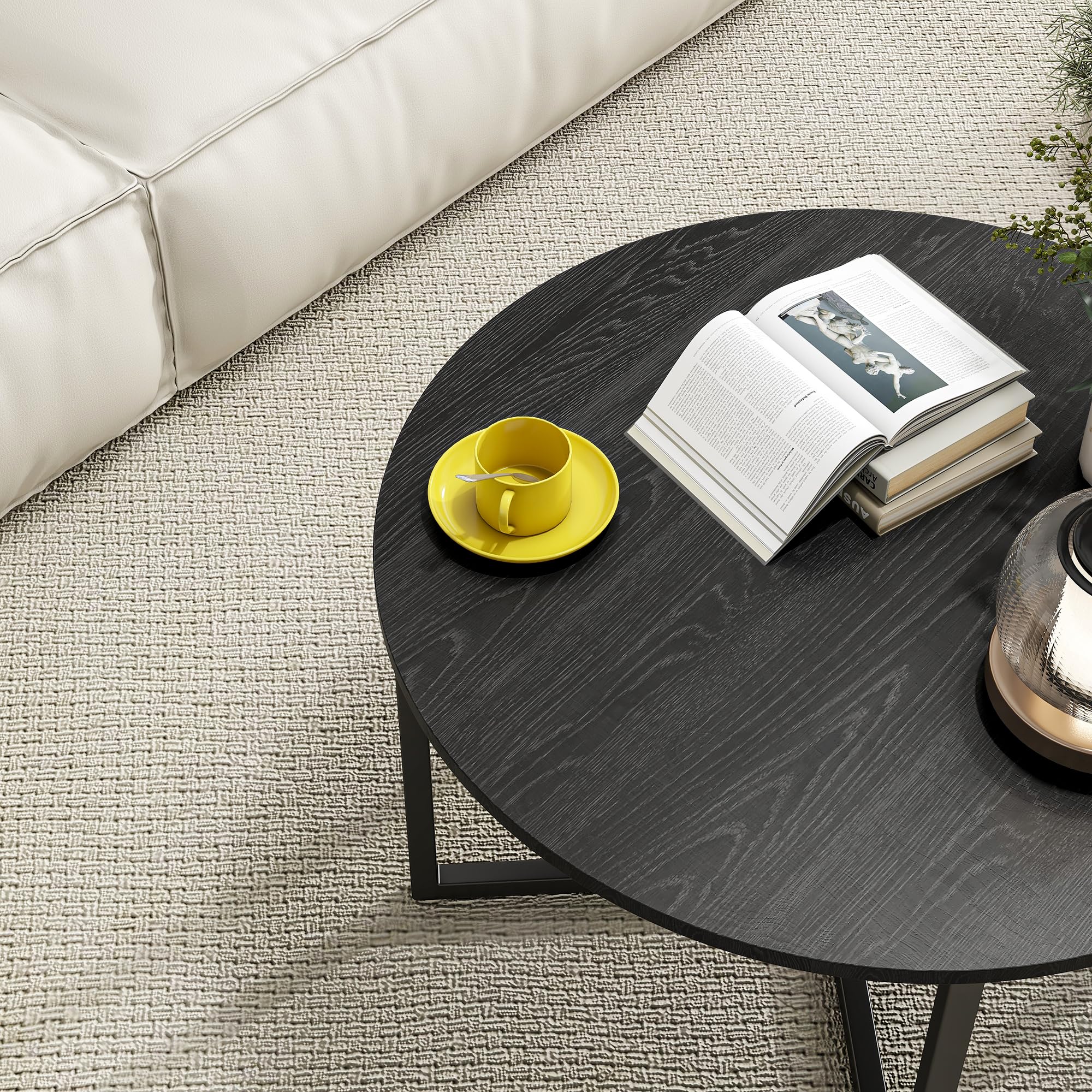 HOJINLINERO Table basse ronde pour salon avec pieds en métal, table de cocktail avec aspect bois, facile à assembler, noire