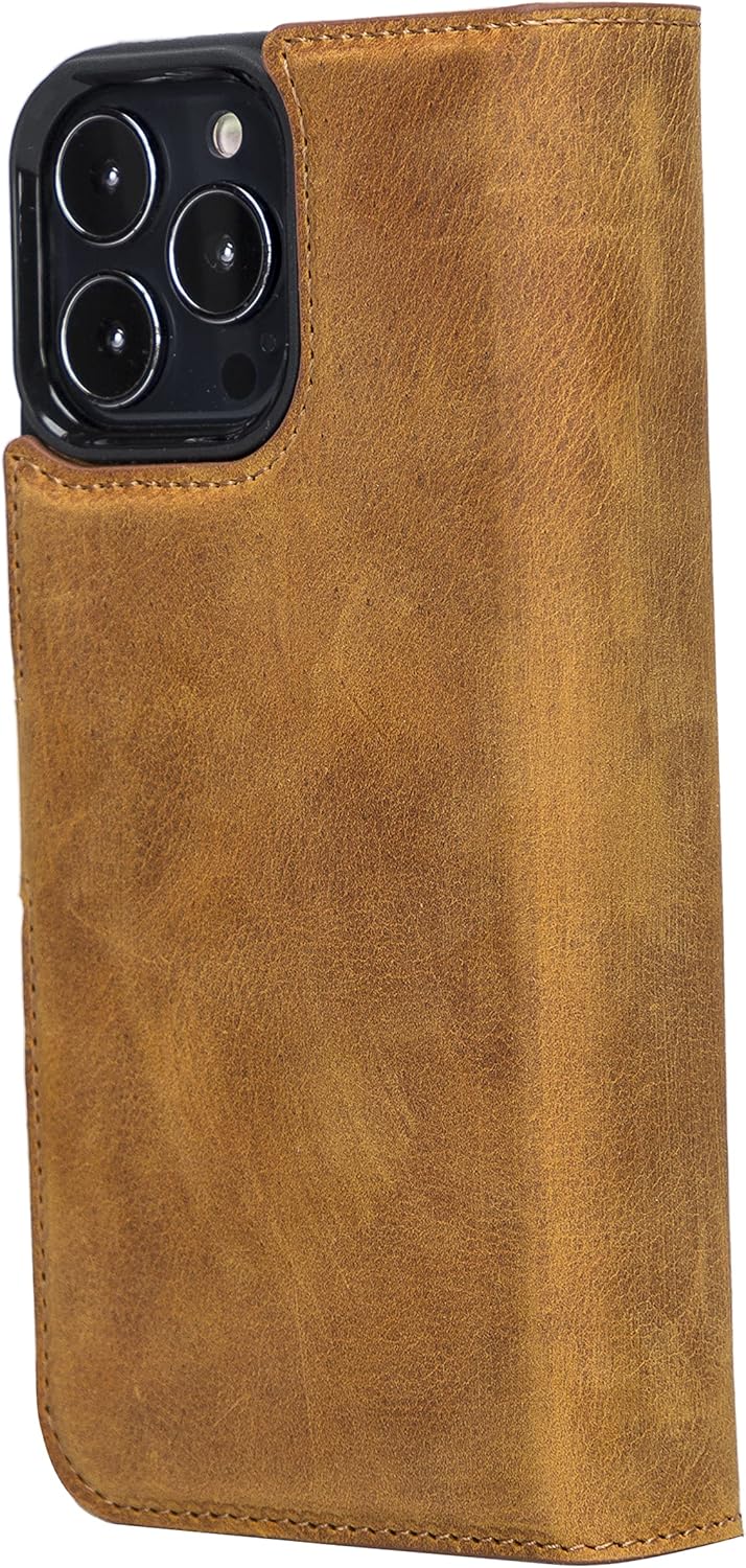 Bayelon Case Compatible with iPhone 13 Pro, Full Grain Trifold Leather Wallet [2in1], Detachable Magnetic Flip Cover with Card Slots (Antique Camel)
