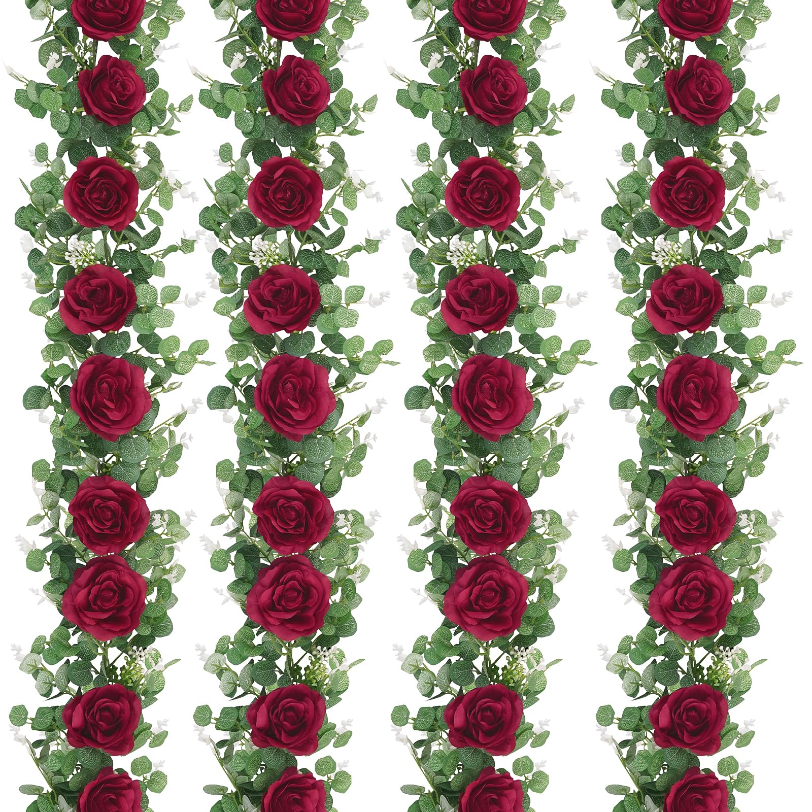 Photo 1 of Dolicer 4Pcs 26Ft Artificial Eucalyptus Garlands with Flowers - 8 Roses, Faux Floral Greenery Garlands Fake Flowers Vines for Wedding Table Centerpieces Arch Party Ceremony Backdrop Decor (Red)