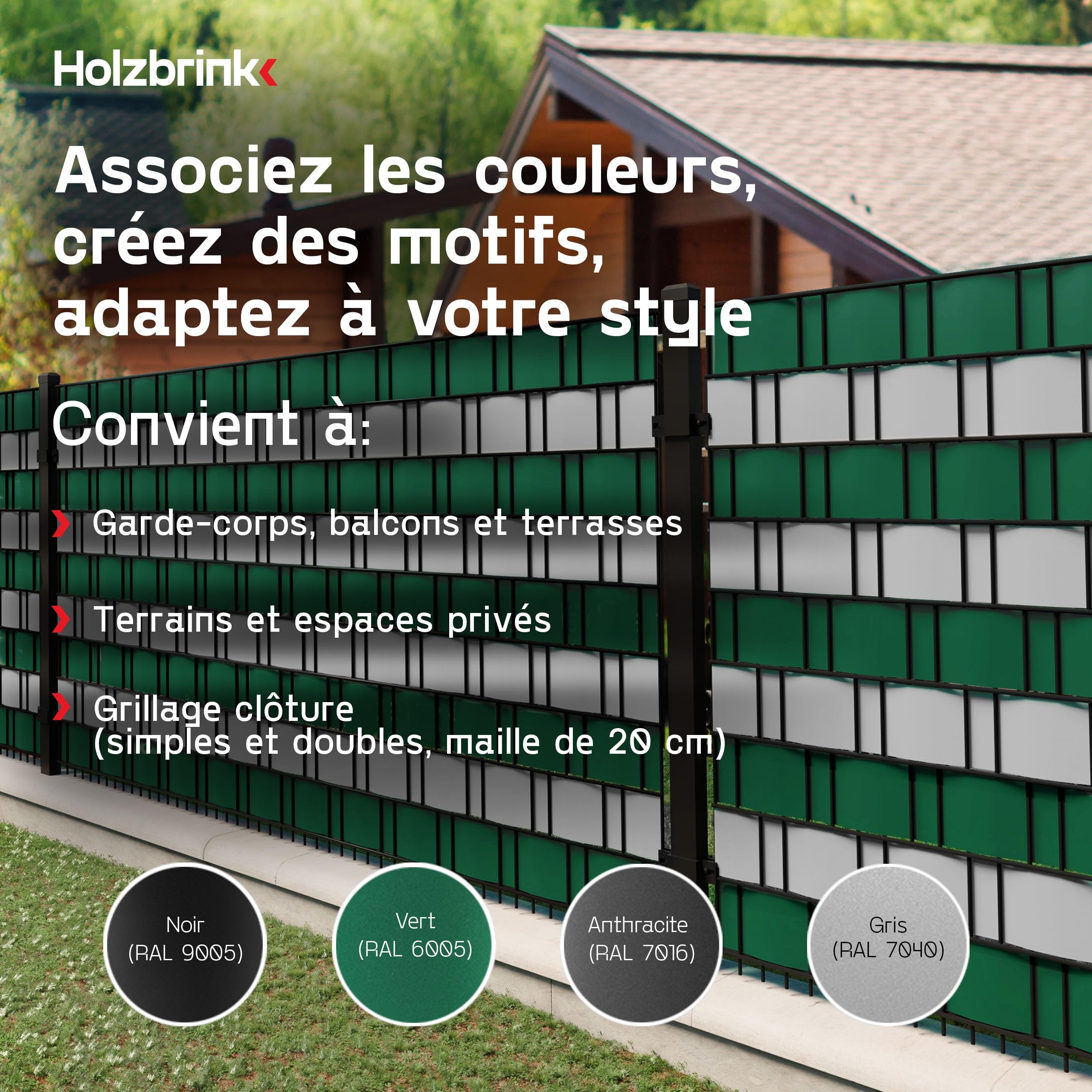 HOLZBRINK Brise vue occultant en PP | 19 cm x 26 m | Lamelle occultation grillage rigide | Rouleau brise-vue pour extérieur, balcon, jardin | vert (RAL 6005)