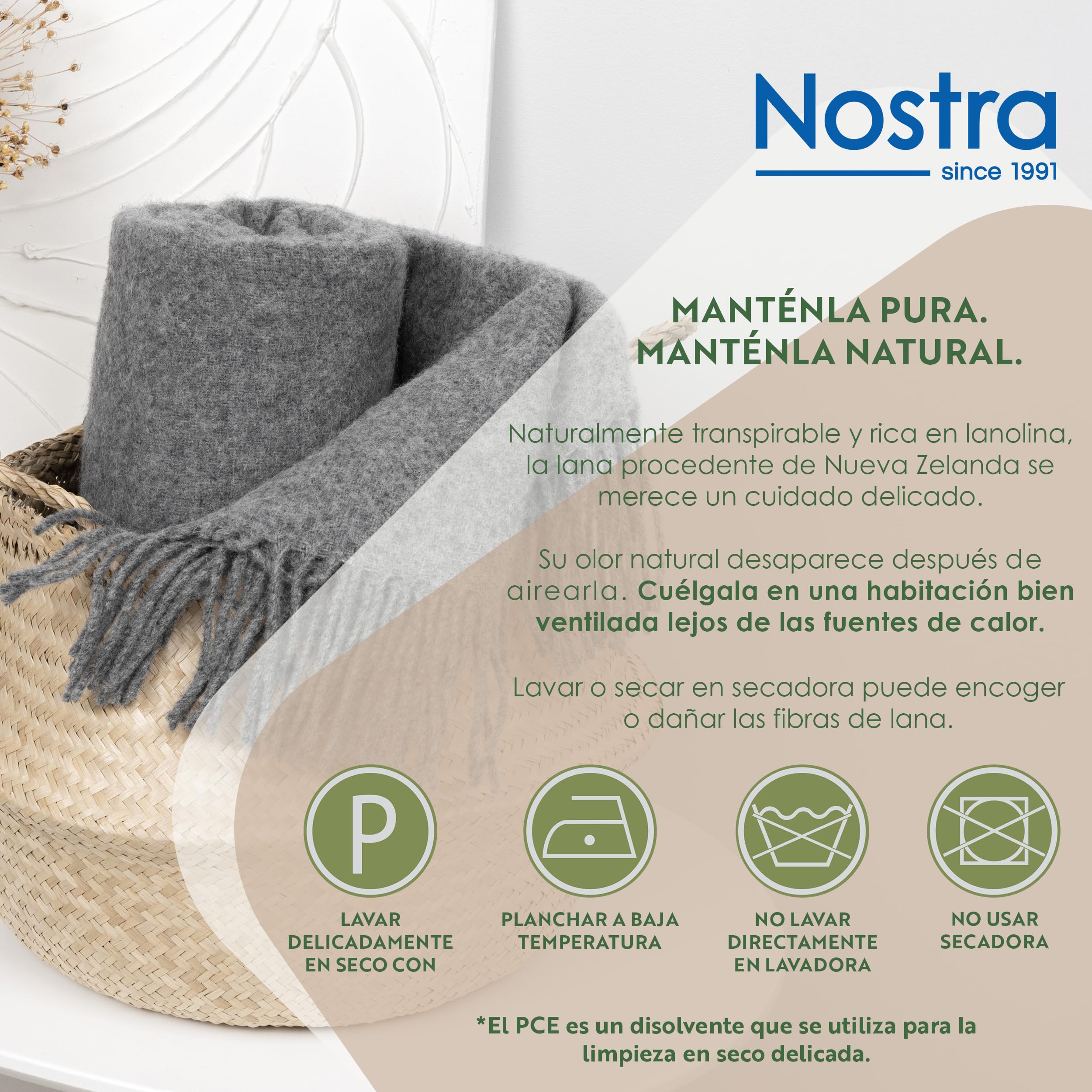 Nostra Zelandia Manta de Lana 100% Pura – Grande Cálida, Transpirable y Ligera para Sofá, Cama y Uso Exterior, Confort Termorregulador con Flecos - Fabricada en Europa (Gris Natural)