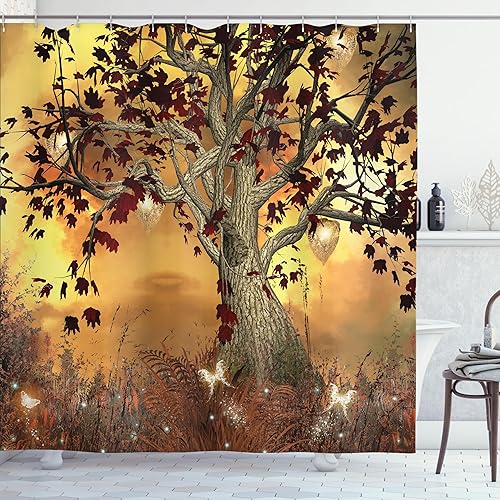 Ambesonne Cortina de ducha de árbol, decoración de composición temática solitaria en tonos de color tierra, juego de decoración de baño de tela con