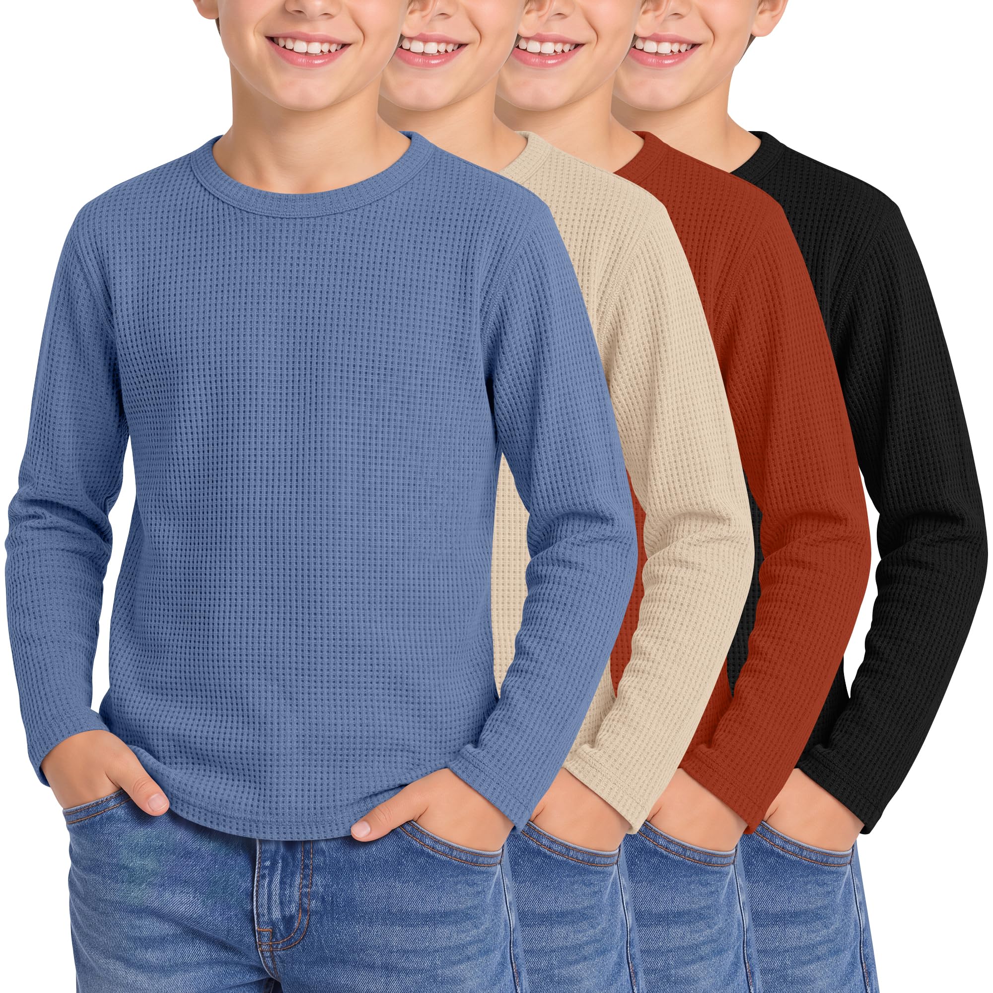 4 Pack Boys Long Sleeve Waffle Knit Thermal Shirts
