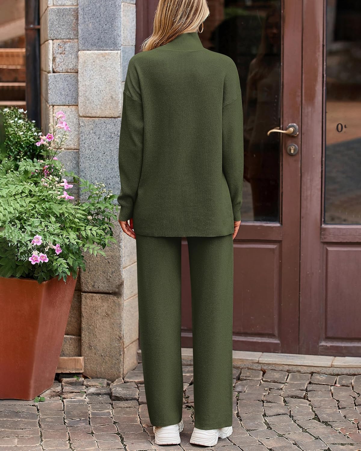 dowerme Women Spring 2 Piece Outfits 2026 Winter High Neck Sweater Sets Drawstring Wide Leg Pant Chunky Knit Lounge Set - Image 5