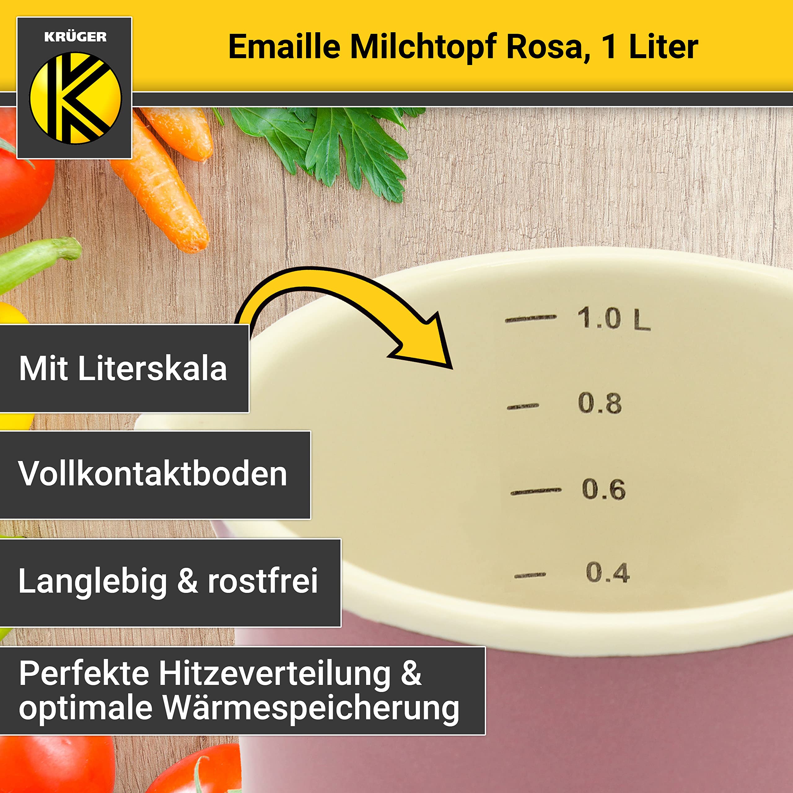 Krüger Olla de leche esmaltada rosa de 12 cm, 1 litro, con base de contacto completo para cocinar de bajo consumo, práctica boquilla y escala de litros, apta para lavavajillas e inducción (rosa)