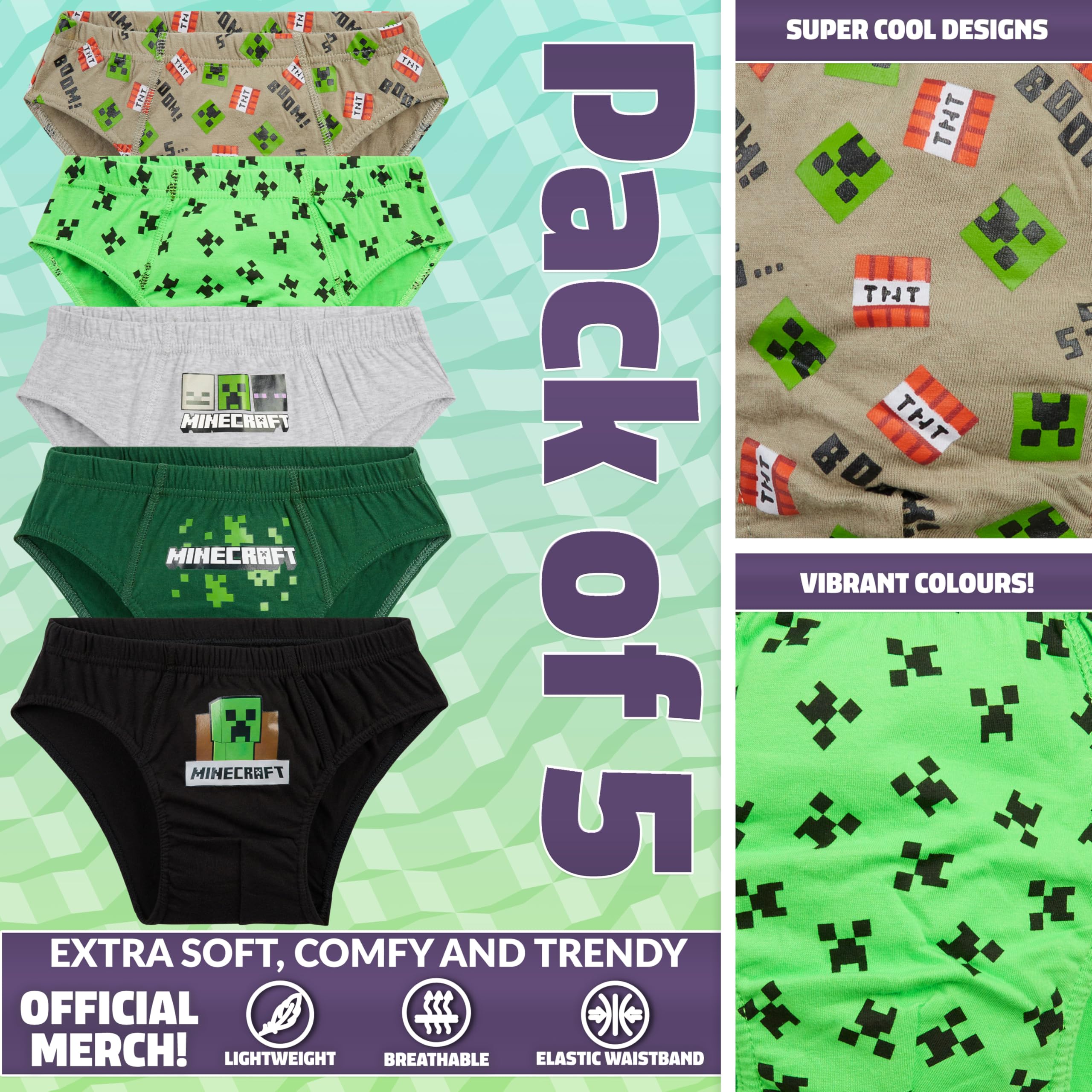 Minecraft Slips Garçon, Lot de 5 sous-Vêtements Coton Doux et Respirant - Cadeau Enfant
