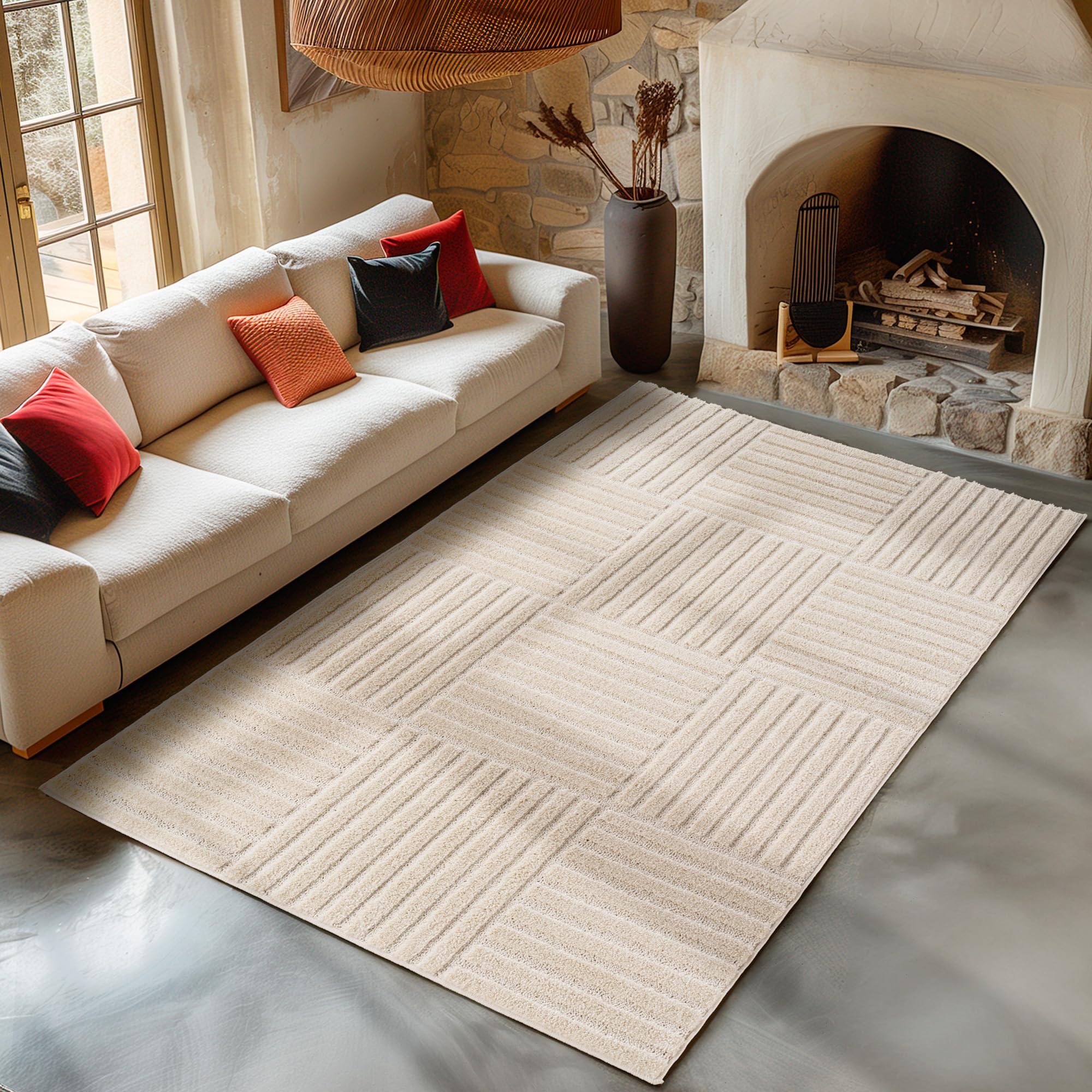Carpetsale24 Wohnzimmer Teppich Hochflor Skandi Boho Karo Muster Hoch-Tief Struktur Shaggy Langflor Weich Flauschig Strapazierfähig Pflegeleicht Modern für Schlafzimmer
