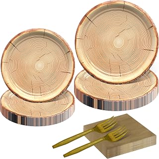 100 Pieces Wood Grain Paper Plates Set Slice Dinnerware Set Rustic Wood Party Supplies Paper Plates Napkins Fork Serve 25 for Forest Themed Party Decorations Camping Birthday Supplies