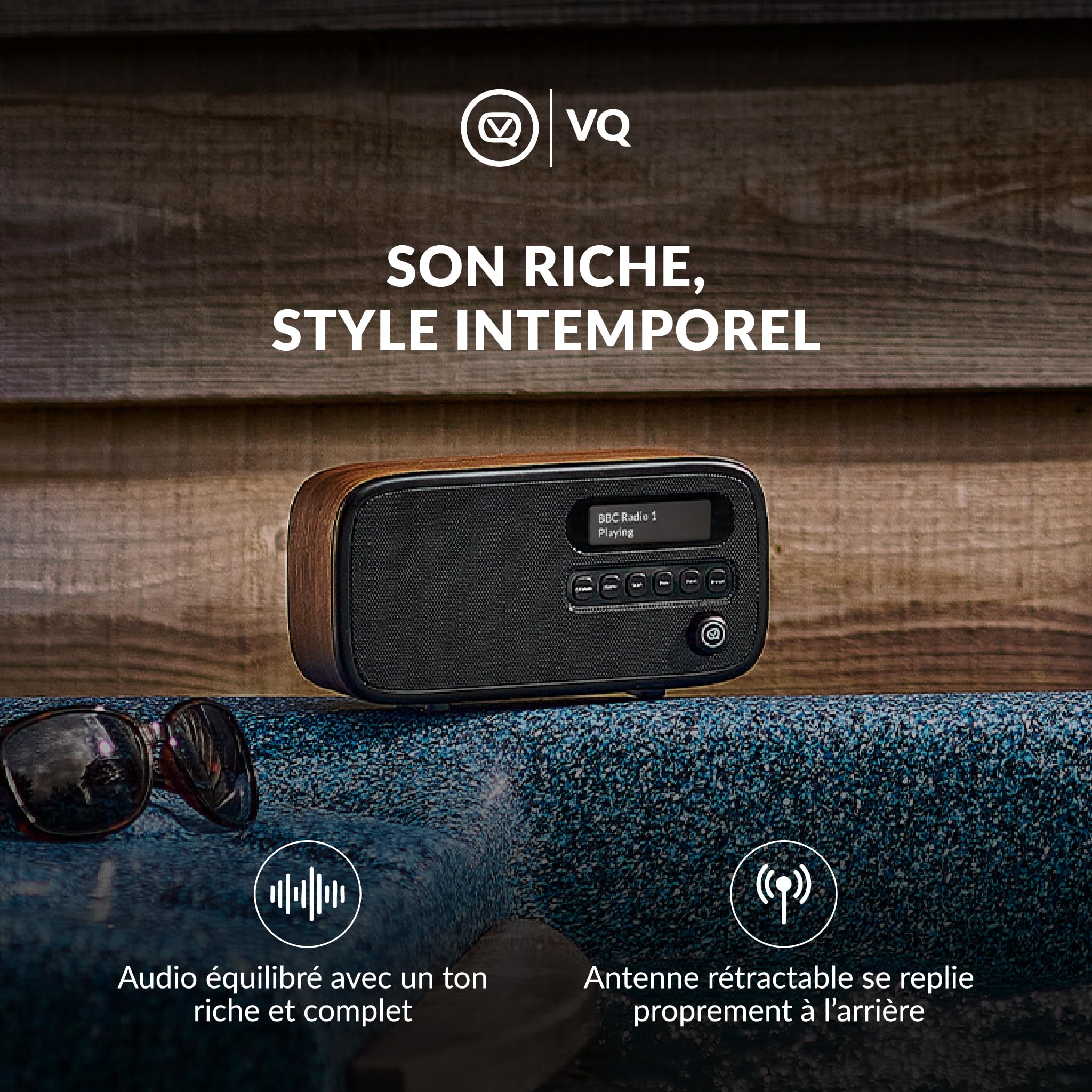 VQ Dexter Radio Dab Plus/Dab avec FM, Haut-parleurs Stéréo 3W et Écran LCD - Alimentée par Secteur et Batterie Radio Portable avec 60 Présélections, Antenne et Prise Casque - Noyer