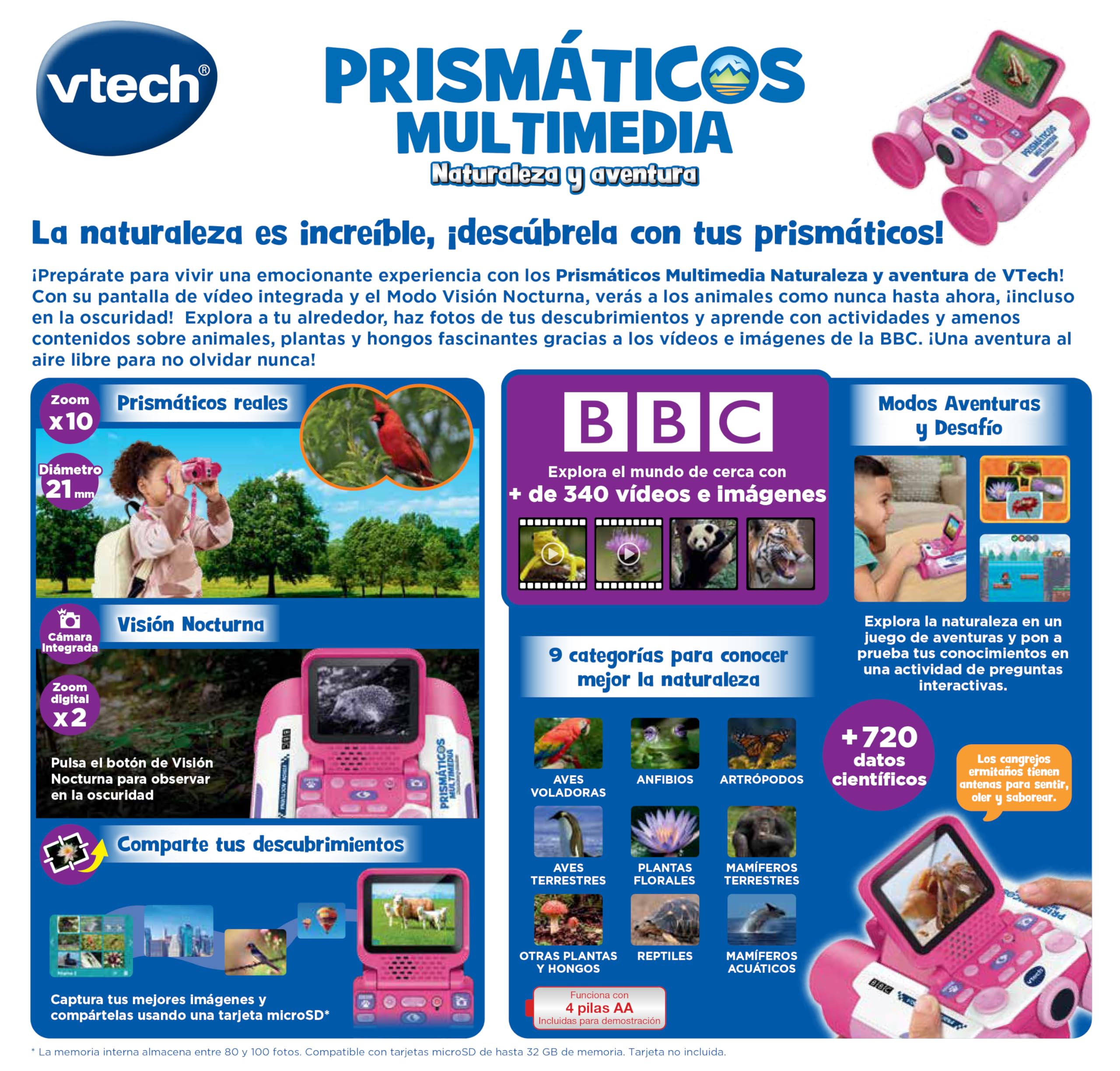 VTech - Binocolo multimediale natura e avventura, binocolo per bambini con fotocamera, foto e video, visione notturna, giochi educativi, design ergonomico, versione ESP