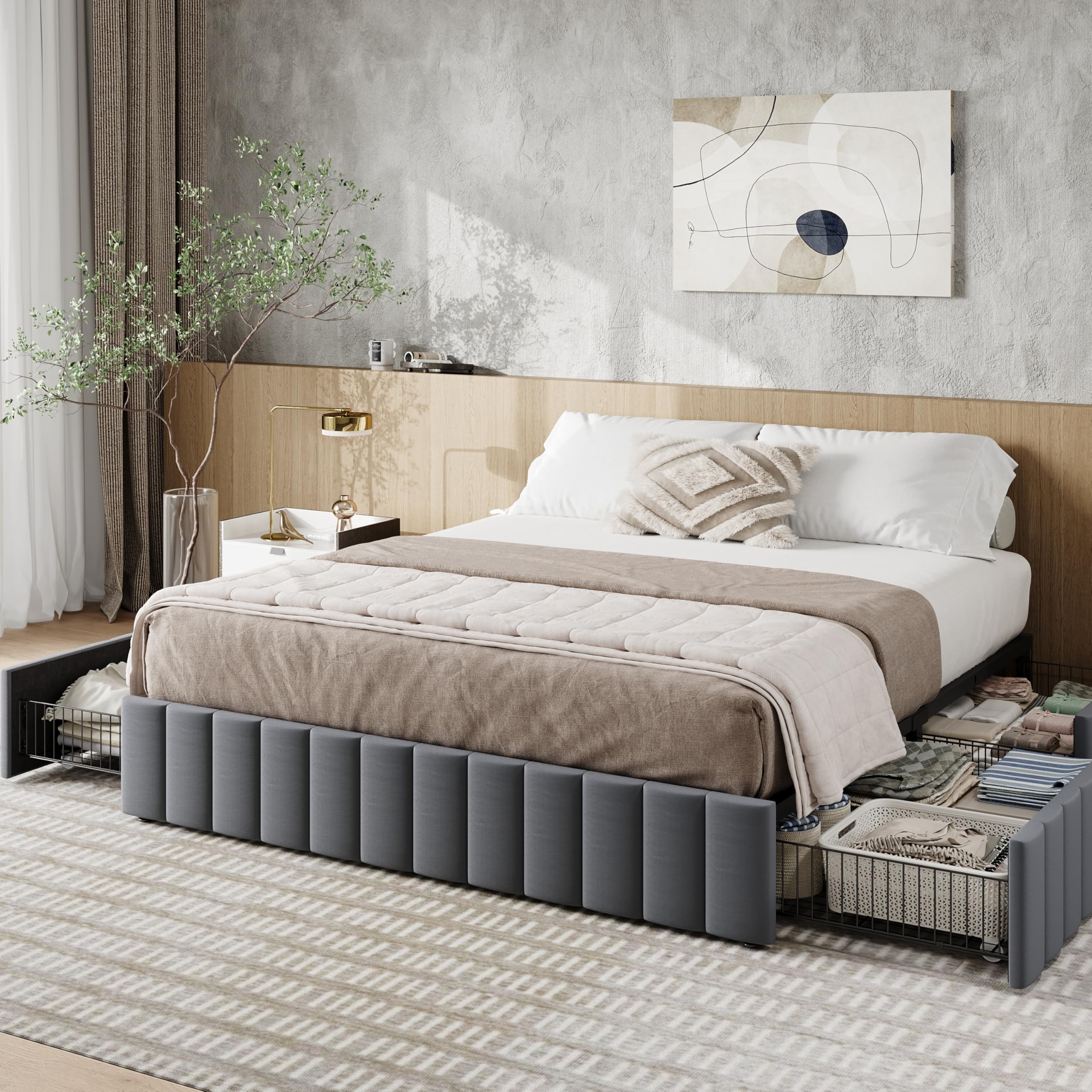 Allewie Queen Size Platform Bed Frame with 4 Large Storage Drawers, Velvet Vertical Channel Tufted Upholstered Bed Base, Wooden Slats Support,