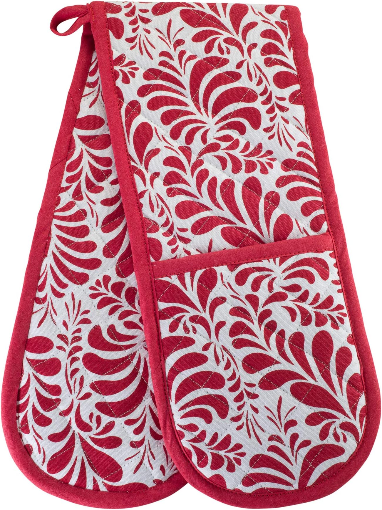 CHEFS TECH Kitchen BBQ Christmas Red Double Oven Mitts Gloves | Extra Long & Thick, Heat Resistant | Quilted Cloth Attached 1 Piece Oven Gloves | 100% Cotton Pretty Elegant Pattern Holiday Pot Holder