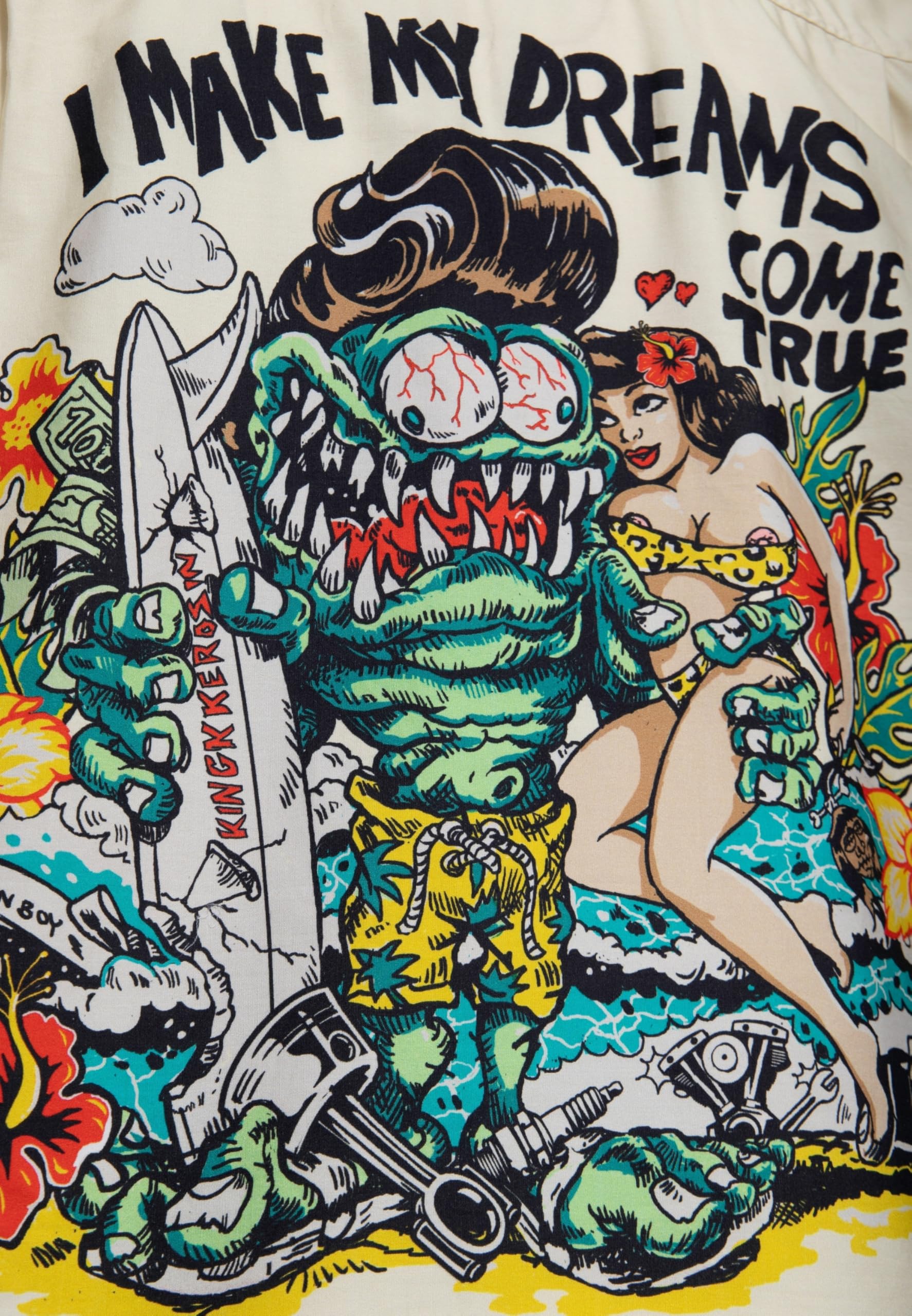 King Kerosin Herren Hawaii · Hemd · Kurzarm · Hawaiian Shirt · Artwork · Cartoon · Print · Monster · Surfer · Vintage · Retro · 50s · Rockabilly · Bio Baumwolle · I Make My Dreams Come True