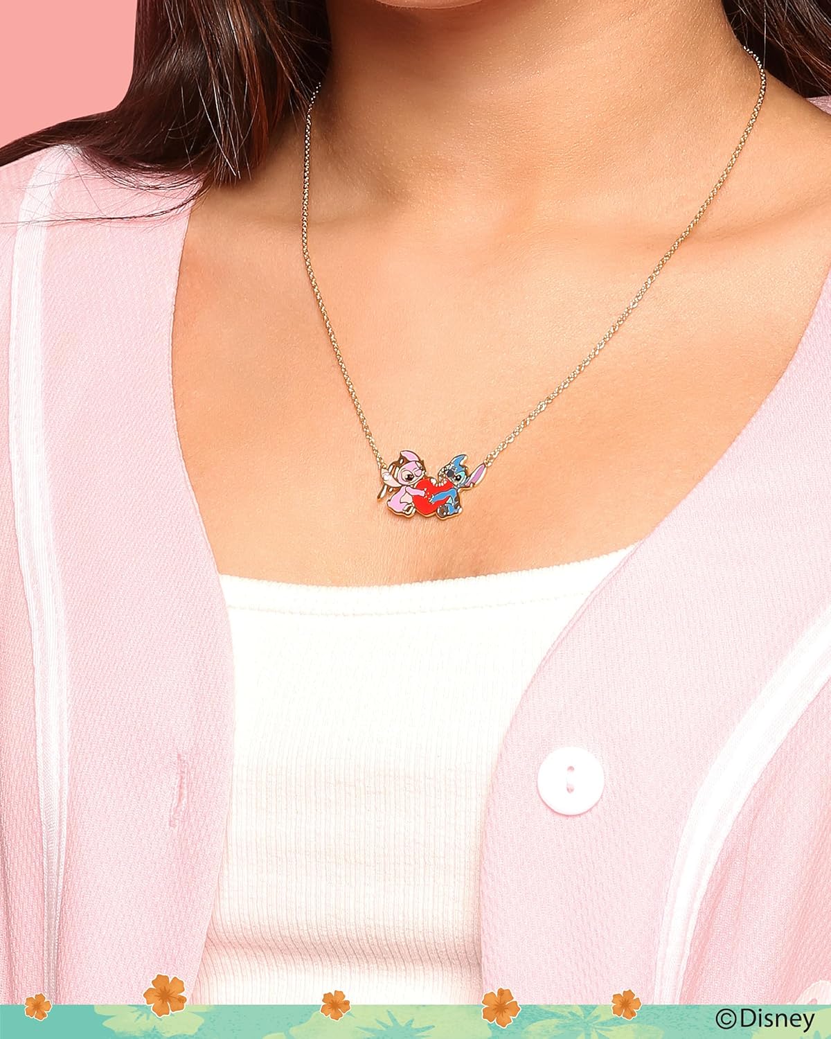 Disney Womens Stitch and Angel Heart Pendant Necklace 18" Official License, 18kt Gold Flash-Plated