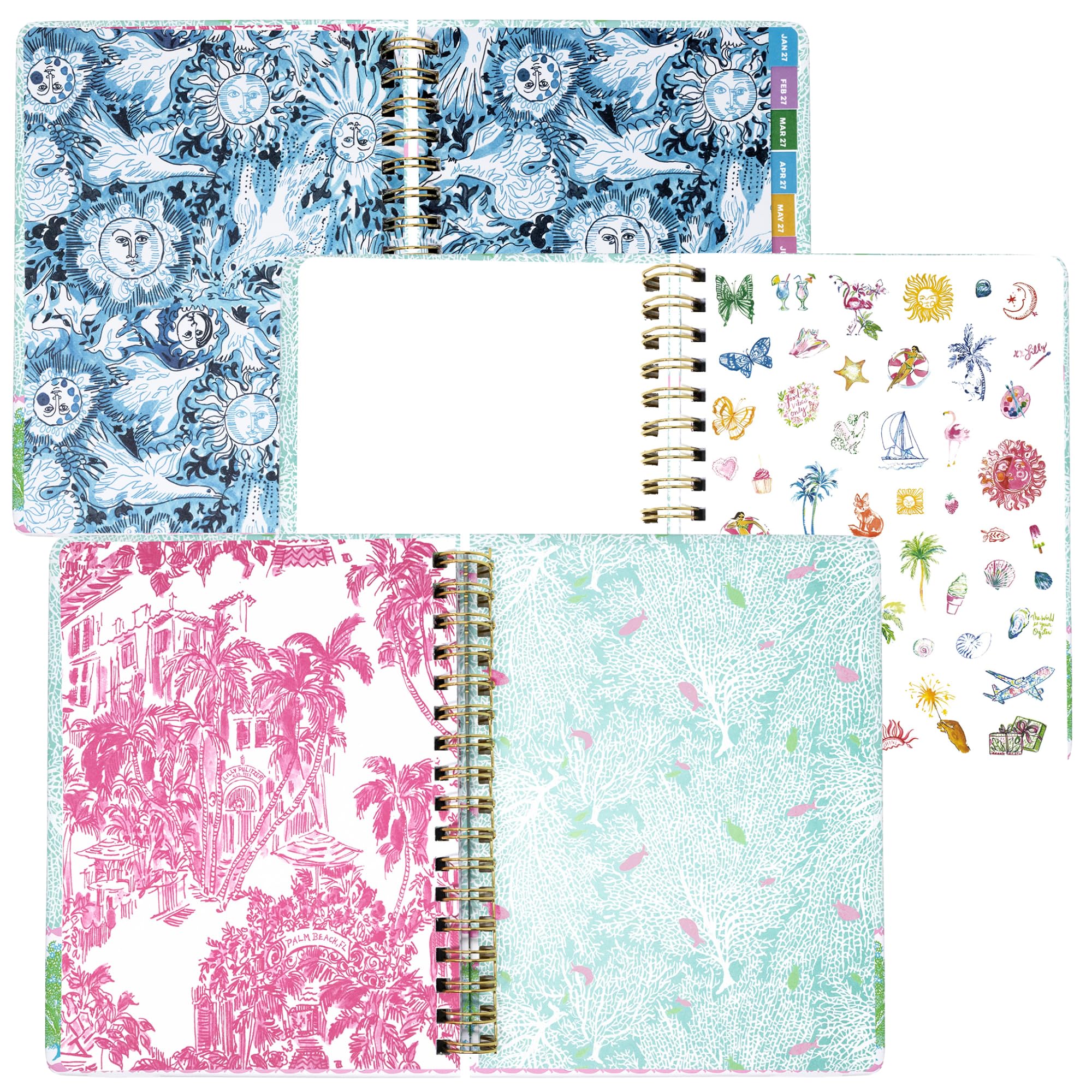 Lilly Pulitzer Grande agenda 17 mesi 17,1 x 22,5 cm, datata agosto 2026-dicembre 2027, rilegatura a spirale dorata e chiusura elastica, layout settimanali e mensili, adesivi, pagine di viaggio e
