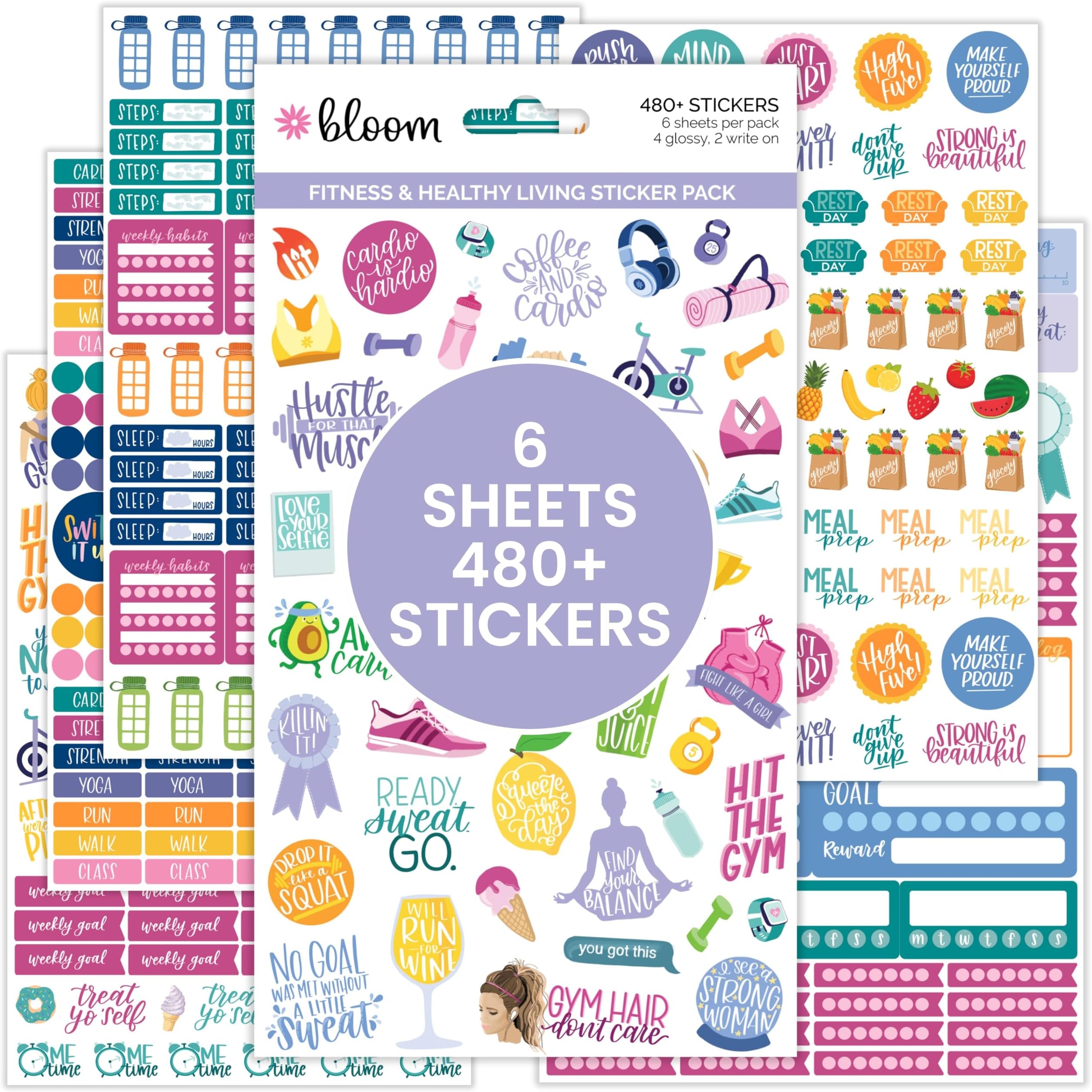 Health Wellness and Fitness Planner Stickers - Variety Sticker Pack - Six Sticker Sheets Per Pack!