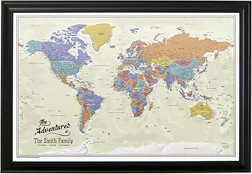 Push Pin Travel Mapas Lienzo - Personalizado Tan Oceans World con Marco Negro