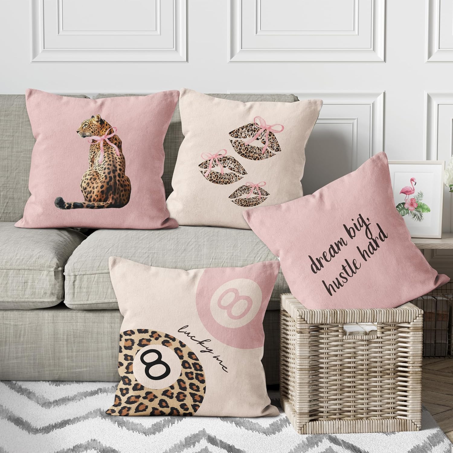 Coquette Pink Bow Leopard 18x18 Pillow Covers Set of 4, Cheetah Print Room Decor, Trendy Y2K Cheetah Lucky 8 Ball Lips Decorative Throw Pillow Covers for Girls Bedroom Dorm Apartment