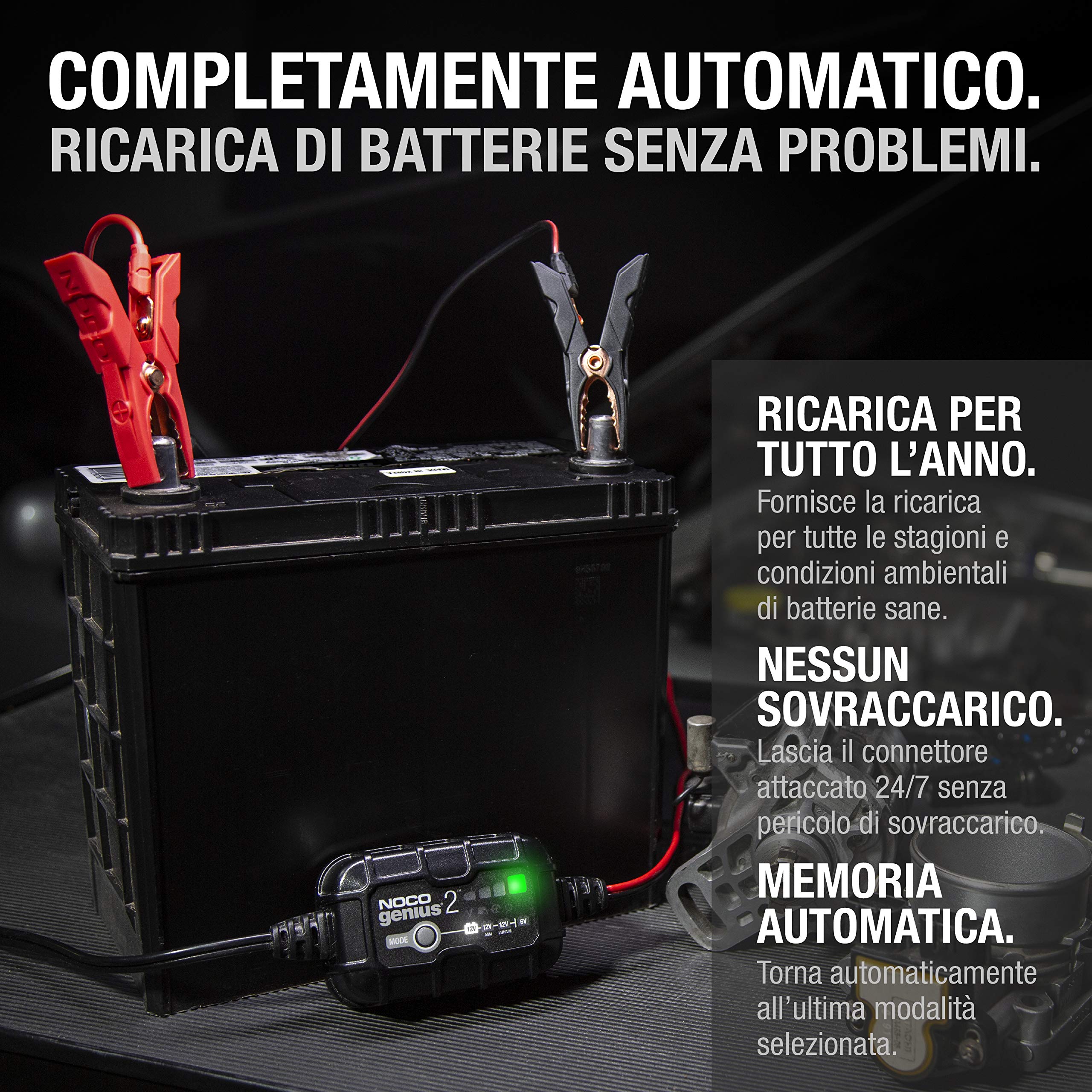 NOCO GENIUS2: Caricabatterie Intelligente 2A 6V/12V – Mantenitore di Carica e Desolfatatore con Protezione da Sovraccarico e Compensazione Termica – Per Batterie al Piombo e Litio
