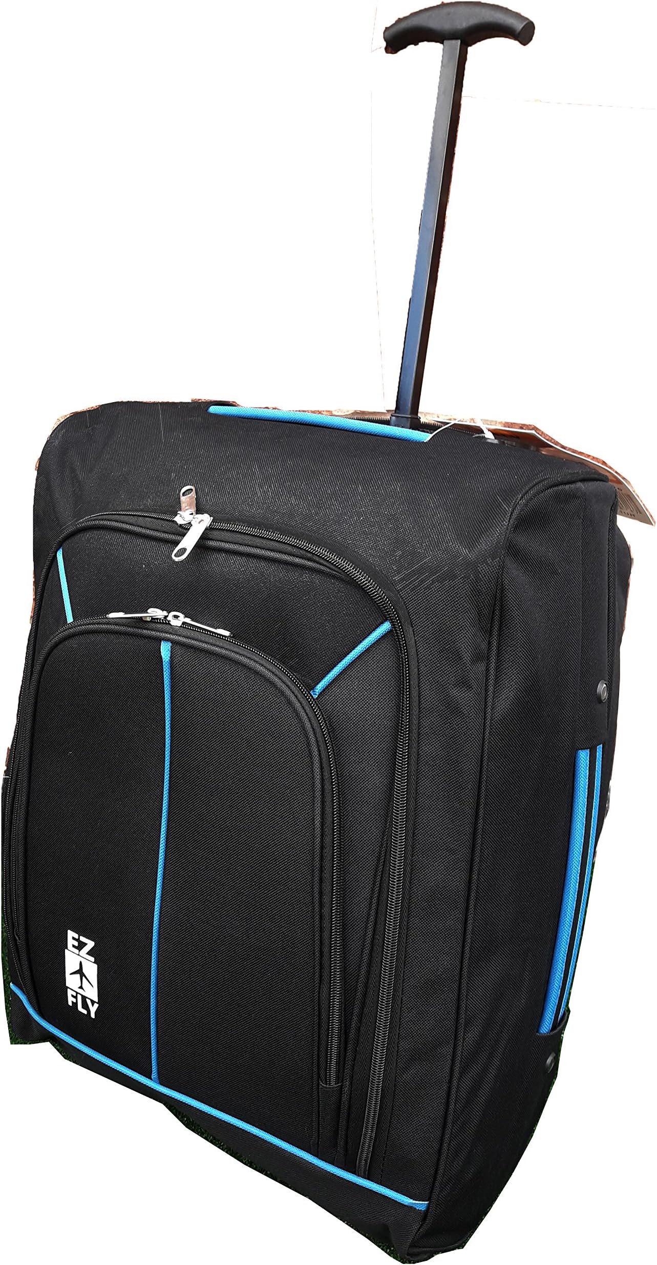 Hand Luggage Cabin Bag Trolley with Wheels Flight Bags Suit Case for Easyjet, Ryanair, British Airways, Virgin, FlyBe, Jet 2 and Many others Airlines or Travel (Black & Blue)