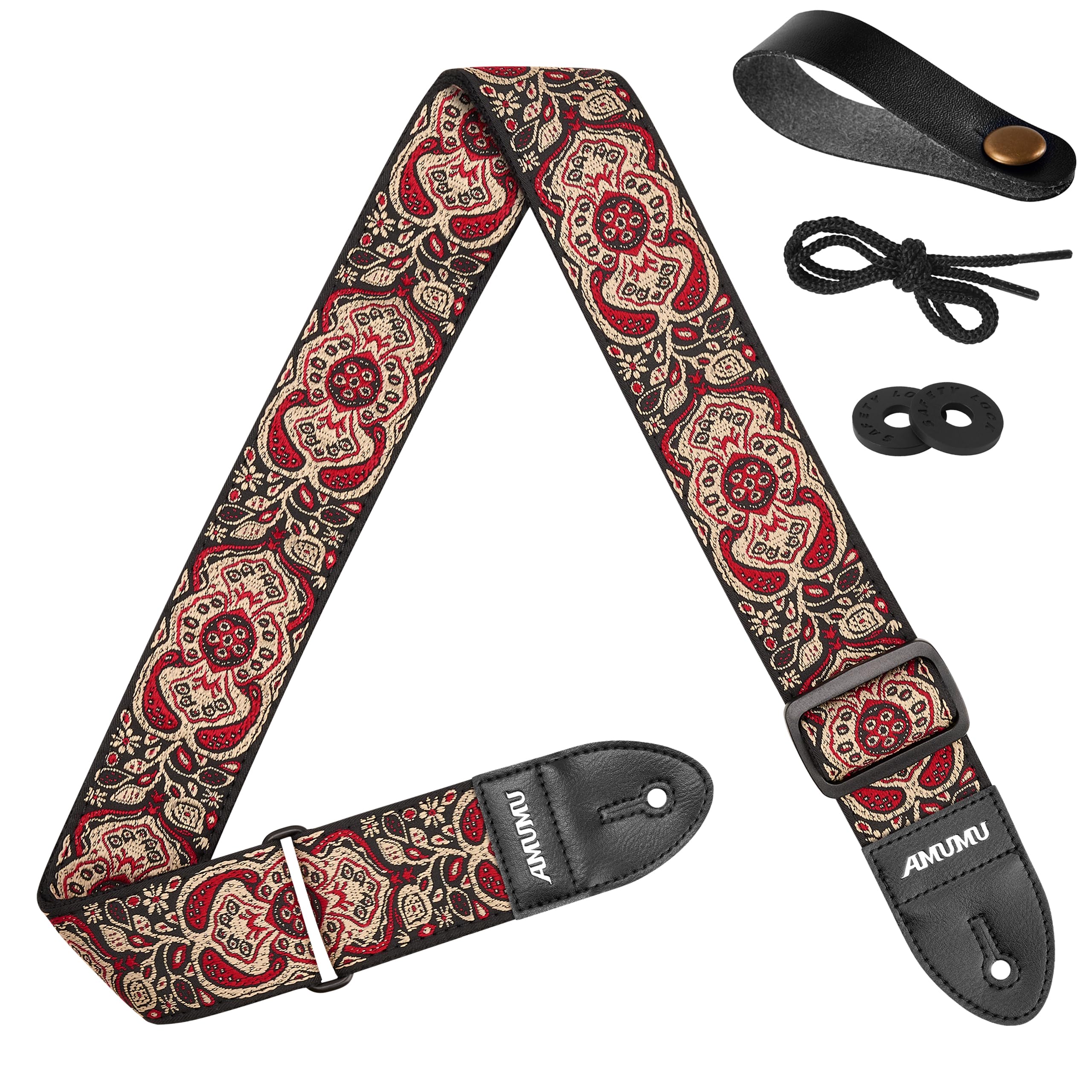 Amumu Unisex Red Mandala 2" Guitar Strap - Cotton Embroidered With Vegan Leather Ends - For Acoustic, Electric, Bass Guitars, Adjustable 37'' To 63"