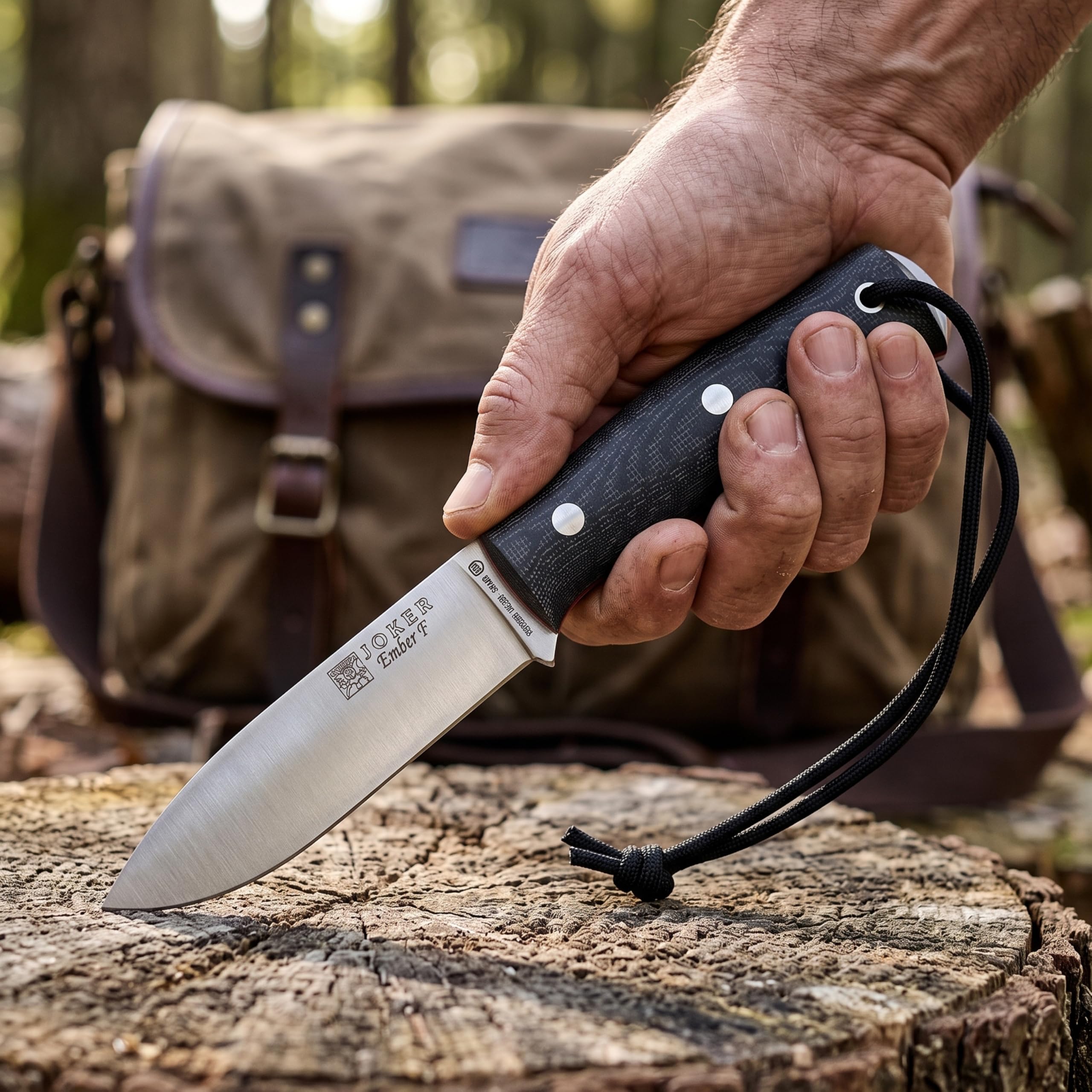 Joker Bushcraft Jokermesser Ember F CM123-P, schwarze Lederscheide, Gürtelmesser mit 10,5 cm Klinge, Micarta-griff, mit Feuerstahl und Parakord 550, Werkzeug zum Fischen, Jagen, Campen und Wandern