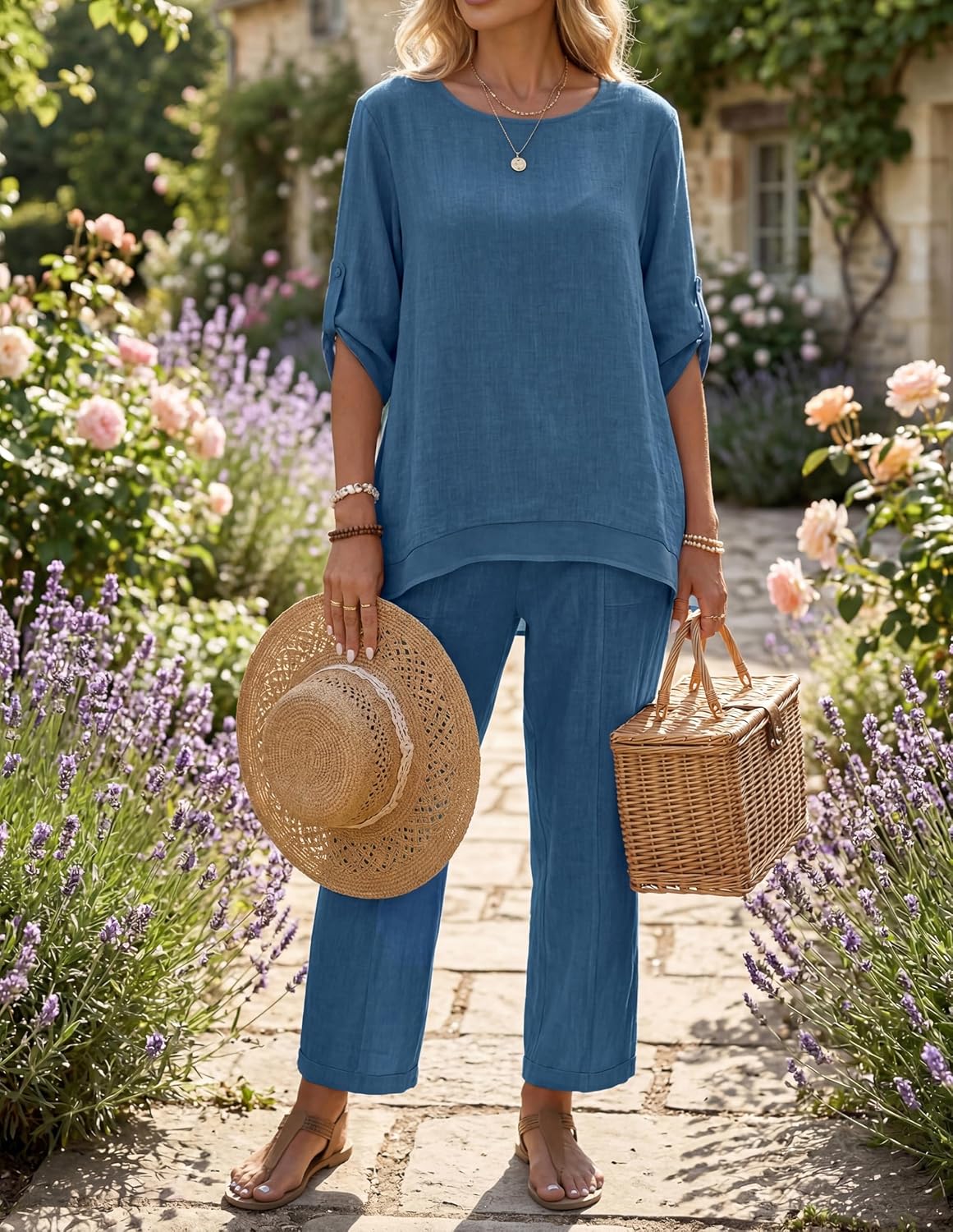 Women's Linen 2 Piece Outfits Rolled Sleeves Tops Wide Leg Trouser Pants Suits Summer Casual Dressy Linen Sets
