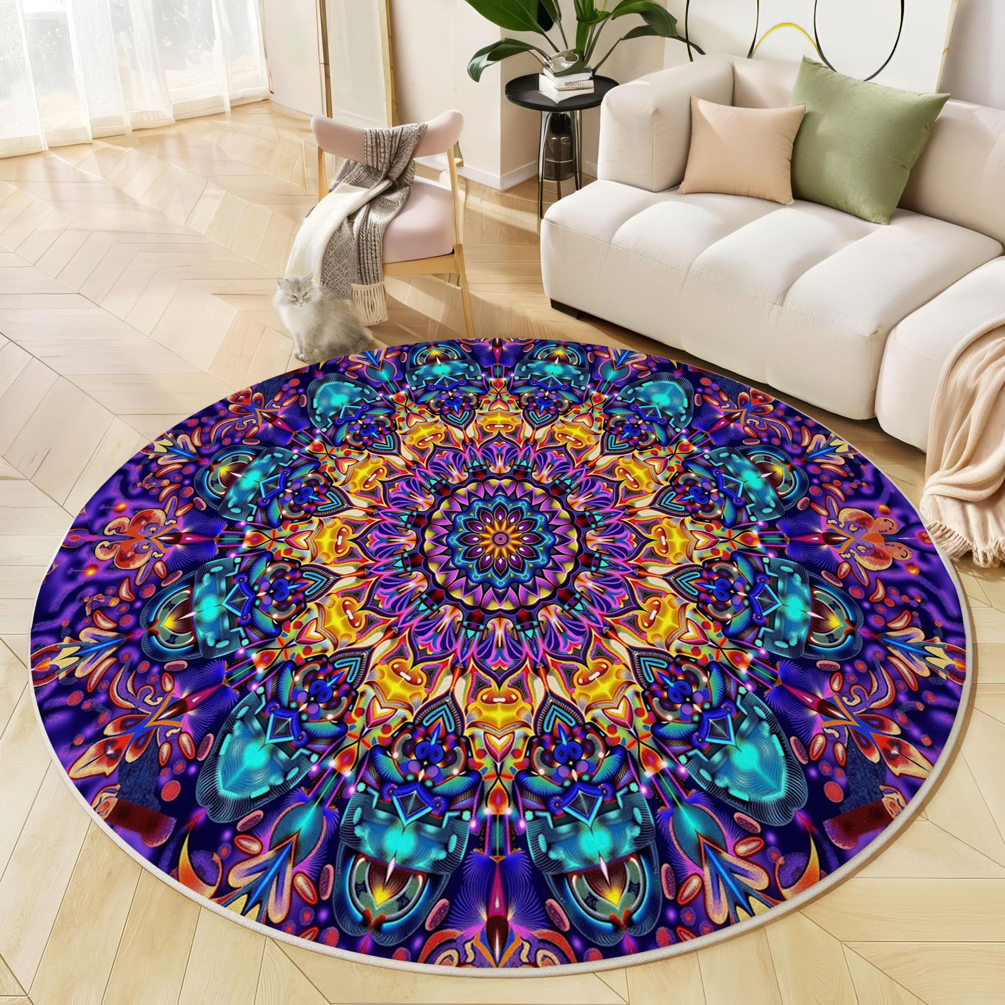 Tapis Rond Salon 160cm Kaléidoscope Mandala, Lavable Art Psychédélique Abstrait Tapis De Sol Décoration Antidérapant pour Chambre Cuisine Terrasse Salle à Manger Intérieur