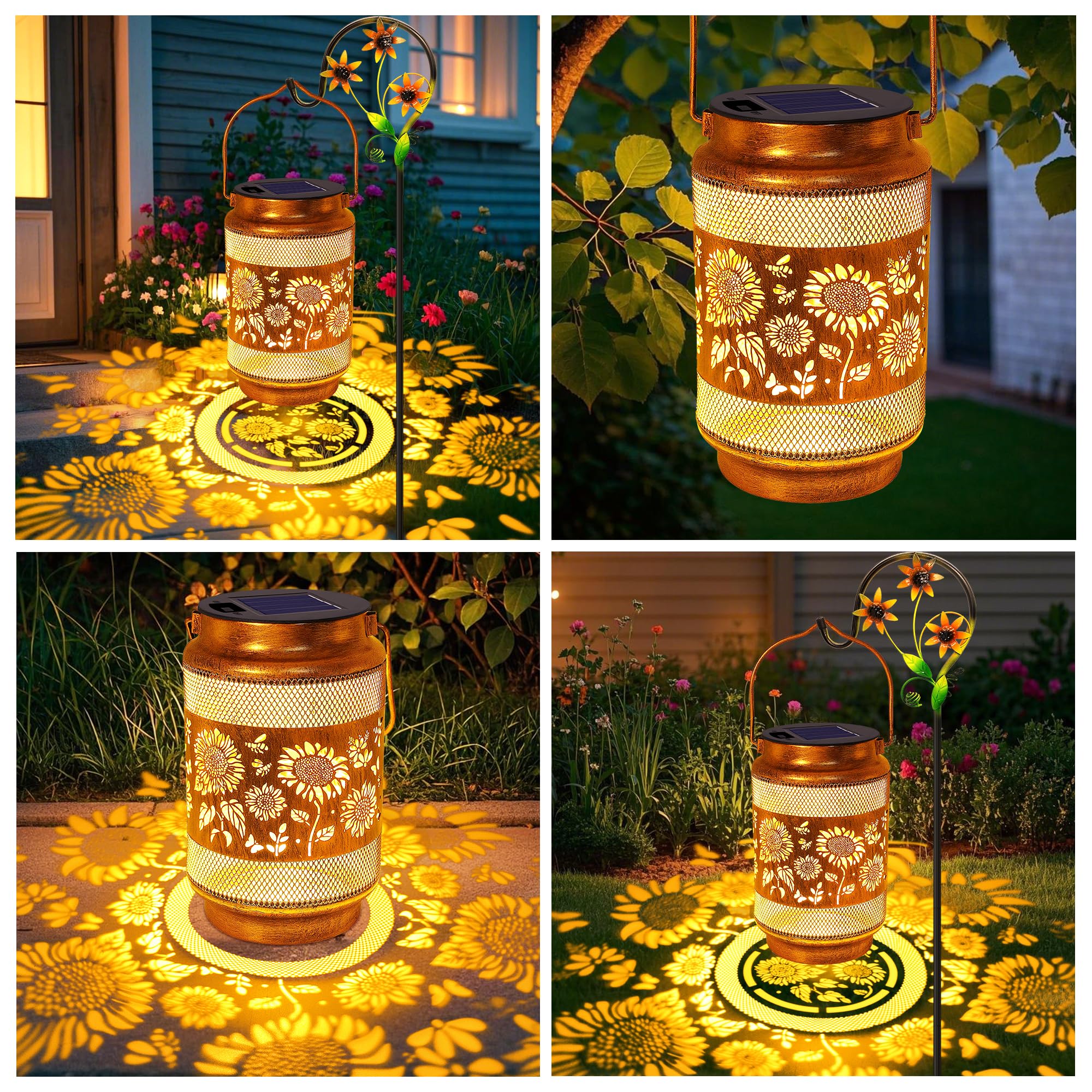 Lanterne solari per esterni, impermeabili, decorazione da giardino, regalo di compleanno per donne, mamma, nonna, girasole in metallo, luci solari da appendere con gancio da pastore, per esterni,