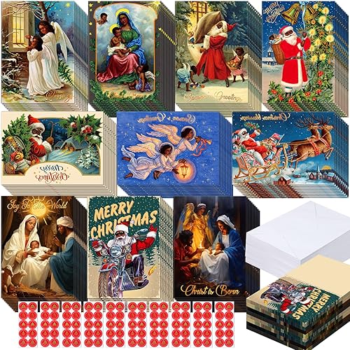 Zhanmai 100 juegos de tarjetas de Navidad negras afroamericanas, tarjetas de Navidad negras con sobres, tarjetas de Navidad afroamericanas, tarjetas