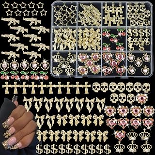95PCS 3D Nail Charms - Gold Alloy Bow, Gun,Heart,Cross,Star,Cherry& Crown Charms, Shiny Nail Rhinestones for Nail Art, Manicure, DIY Jewelry Making（95pcs）