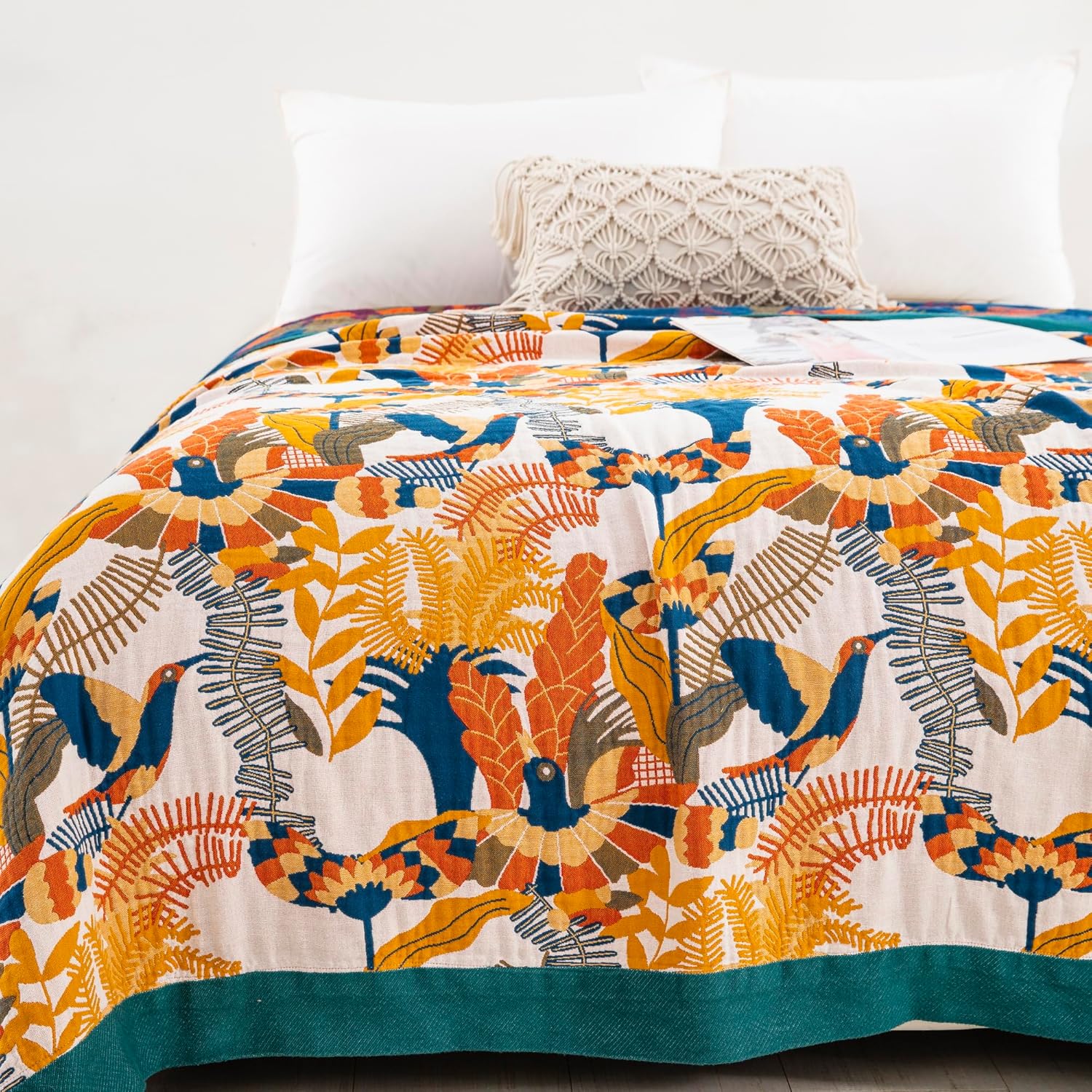 100% Muslin Cotton Throw Blanket for Bed Couch Chair, Boho Floral Bird Colorful Retro Quilt Ultra Soft Reversible Gauze Blanket for All Season, 90"x98" - Image 2