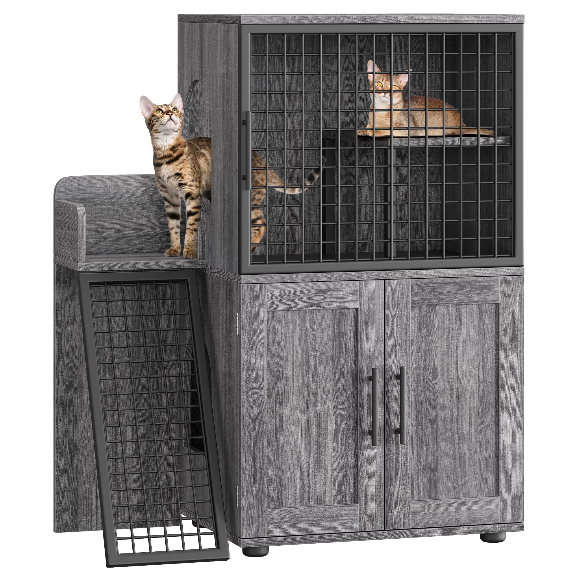 Cat Litter Box Enclosure Furniture with Double Layer Design, Hidden Litter Box & Lounge Villa for Indoor Cats - Includes Ladder, Platform, and Washroom Space for Living Room, Wax Wood - image 2