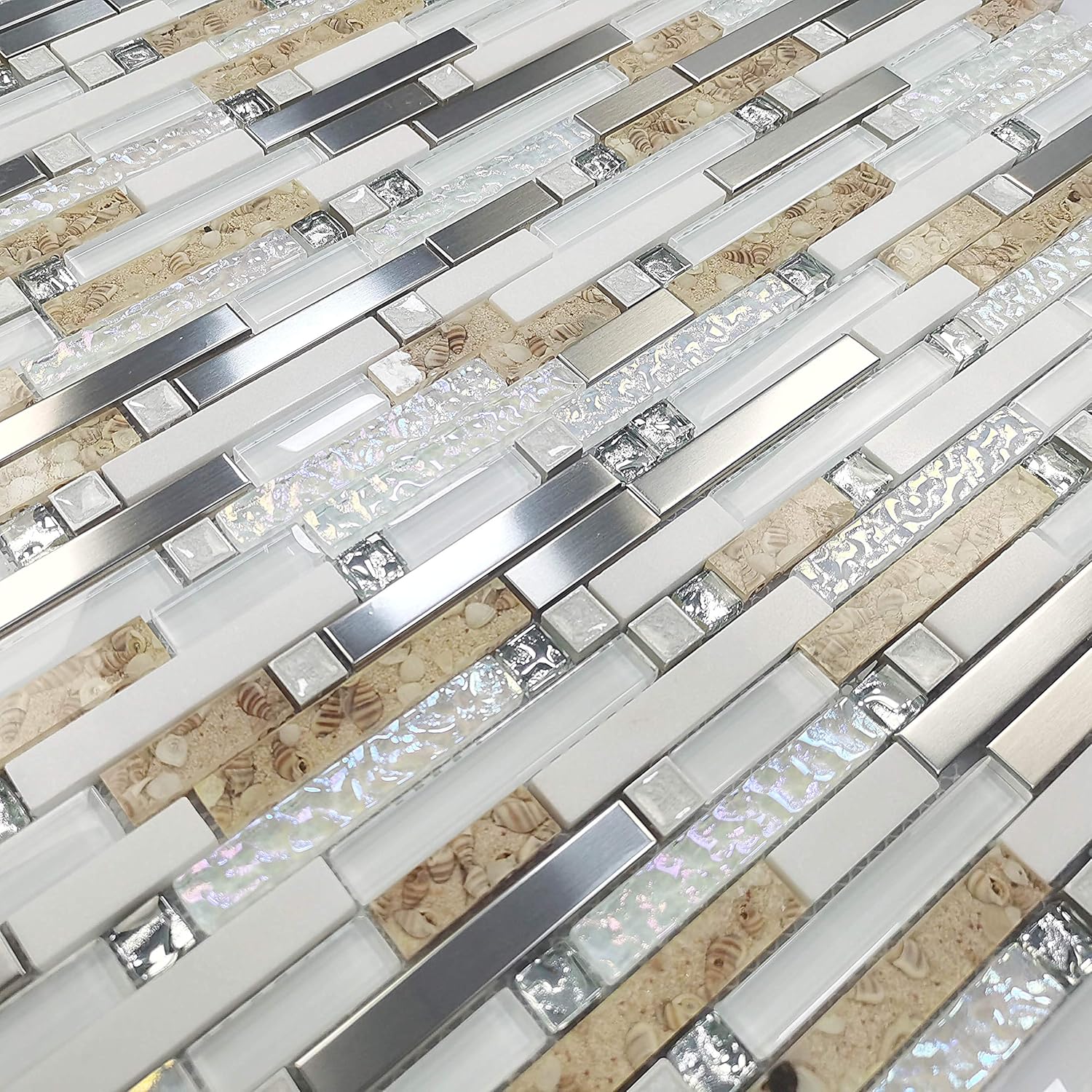 TOP оƒƒERS Bathroom Wall Mosaic Tiles White Stone Tile Backsplash Iridescent Stainless Steel Kitchen Conch Subway Materials [Pack of 11PCS(12.4x11.8x0.31 Inches/Each)]