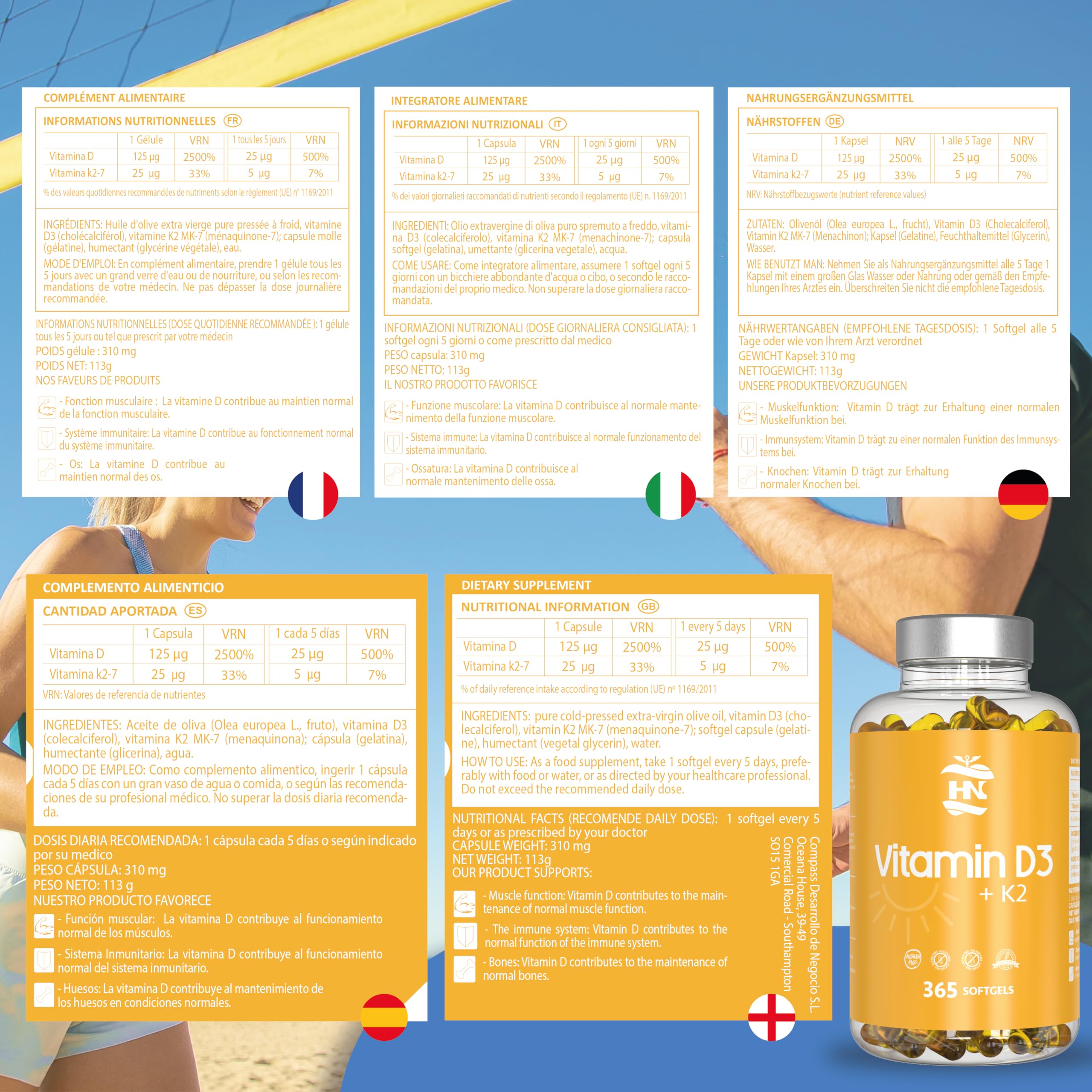 Vitamin D. (5000 IE) 365 Kapseln Vitamin D3 + K2 Hochdosiert Unterstützt Immun Und Knochenfunktion Hohe Konzentration Antioxidantien Antifettiga Weichkapseln Premium